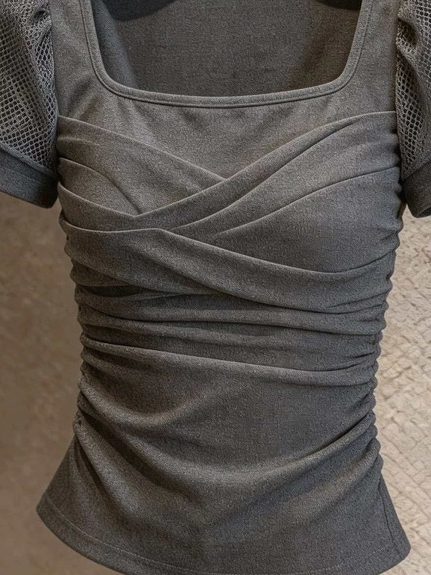 출퇴근 바람 망사 패치워크 광장 칼라 반팔 맨위 여성 회색 몸매 가꾸기 품격 인기 작은 셔츠 2026 봄 여름 새로운 상세 이미지 2