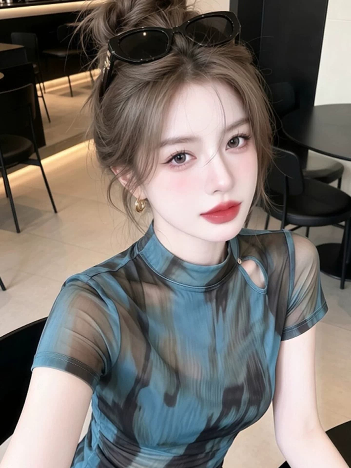 새로운 중식 개선 기본 셔츠 맨위 2026 여름 새로운 국풍 단추 헤일로 염색 반팔 스탠드 칼라 티셔츠 여성 의류 상세 이미지 5