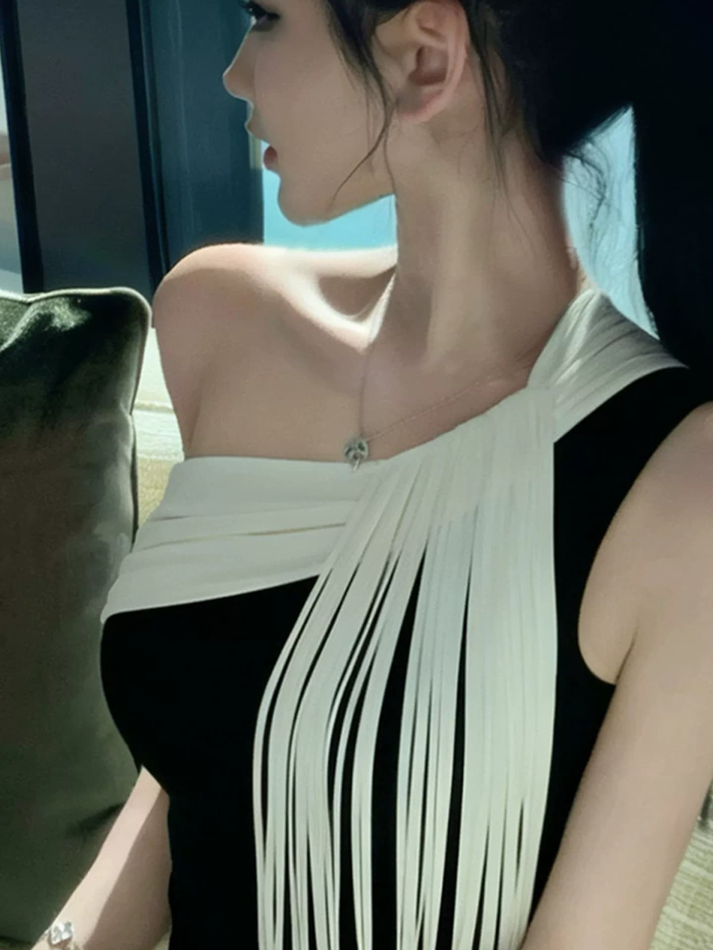 순수한 욕망 바람 디자인 센스 패치워크 술 오프숄더 비스듬한 칼라 슬립 인사이드 가져 가라. 여름 품격 감기 센스 외출용 맨위 여성 상세 이미지 2
