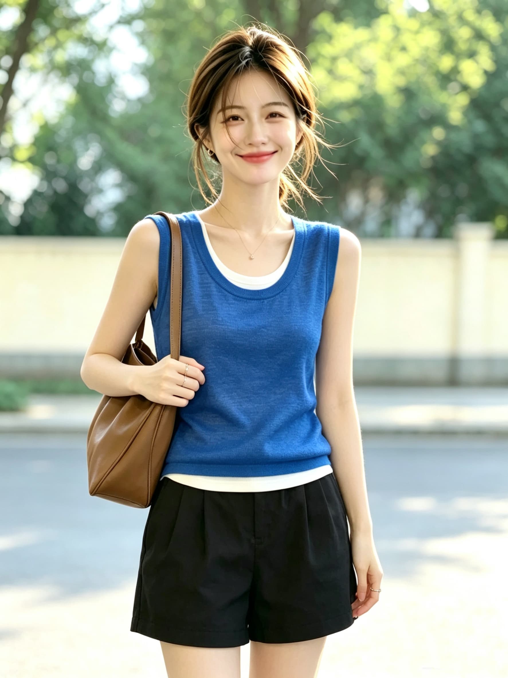 톰 글 래 원인 블루 페이크 레이어드 니트 조끼 슬립 여성 여름 외출용 뒤로 홀로우 아웃 얼음 실크 어깨 민소매 맨위 이미지 3