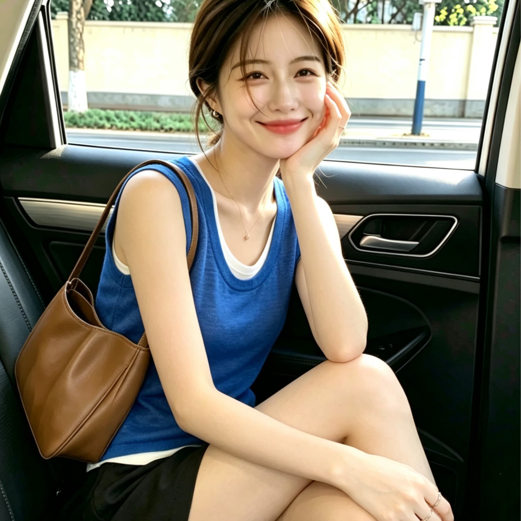 톰 글 래 원인 블루 페이크 레이어드 니트 조끼 슬립 여성 여름 외출용 뒤로 홀로우 아웃 얼음 실크 어깨 민소매 맨위 이미지 5