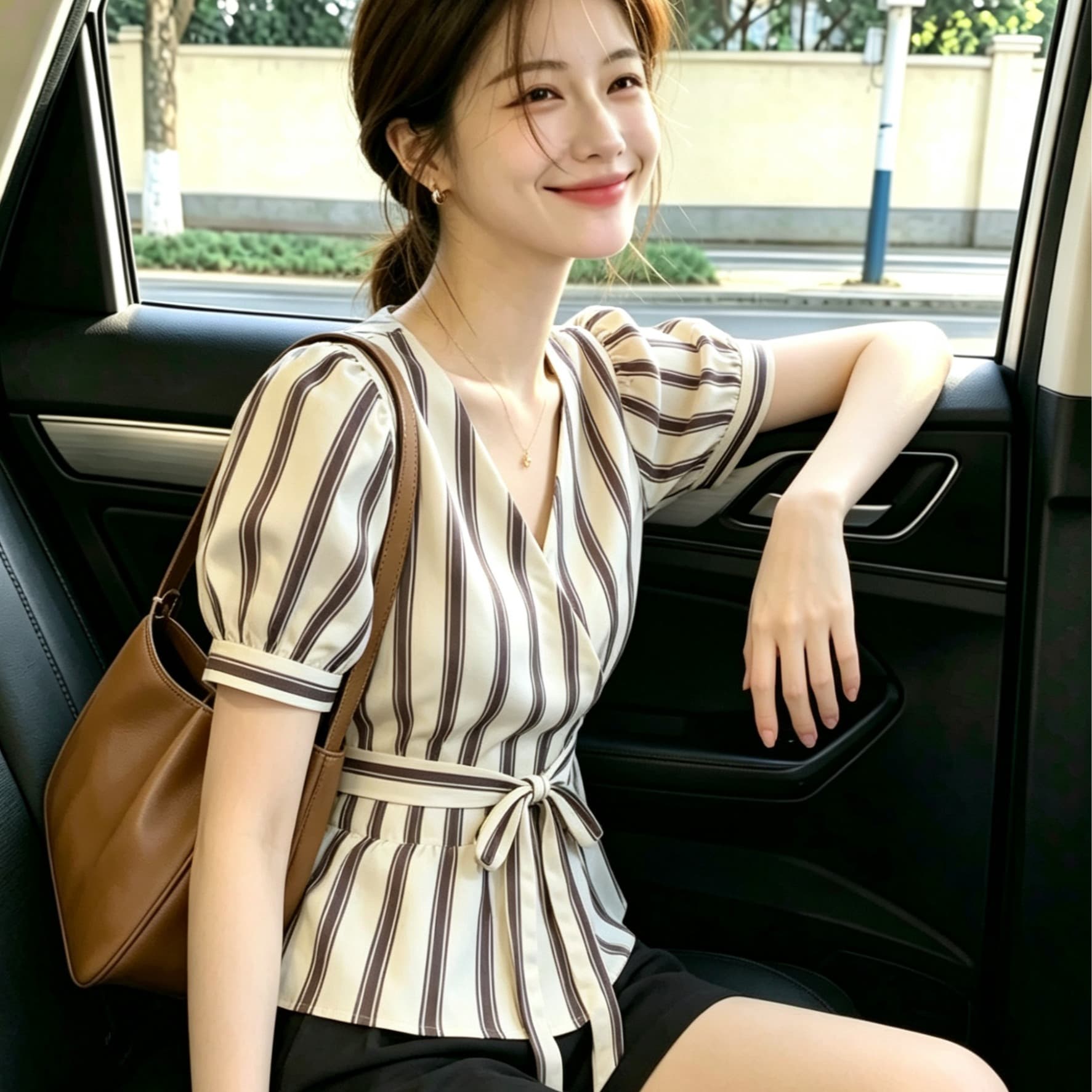 빛 요리 한 바람 스트라이프 V넥 반팔 여성 셔츠 2026 여름 새로운 한국 스타일 허리 수축 레이스업 슬림해 보이는 다용도 맨위 이미지 5