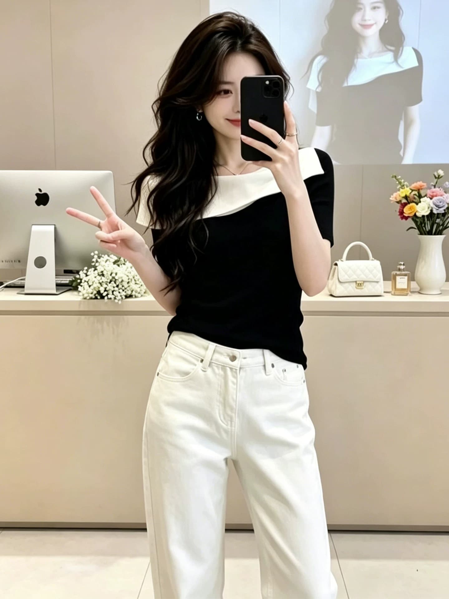 흑인과 백인 패치워크 색상 오프숄더 반팔 티셔츠 여성 2026 새로운 프랑스식 사소한 Chic 맨위 빛 요리 한 코치 착용 가져 가라. 상세 이미지 1