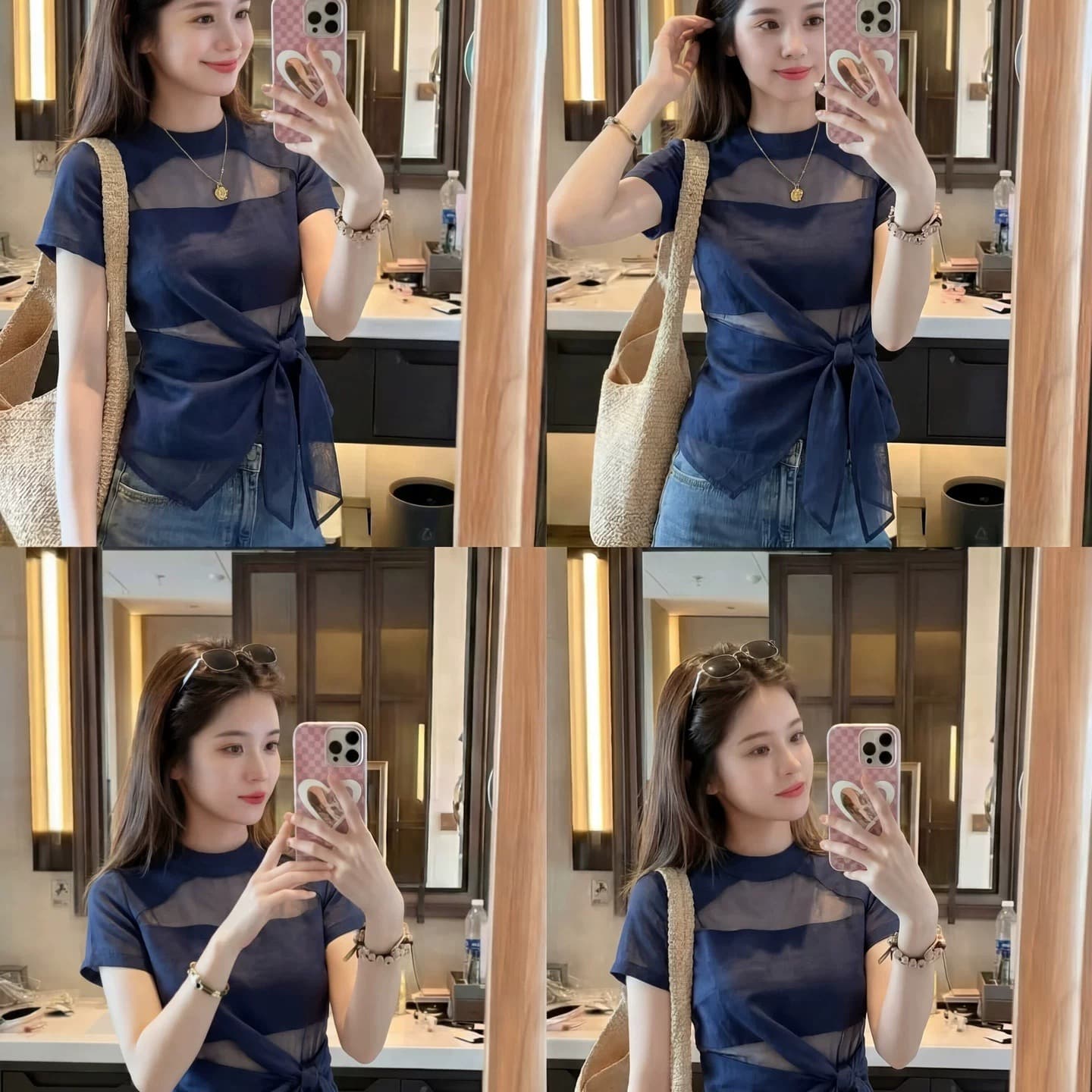 디자인 센스 홀로우 아웃 스트랩 티셔츠 여성 여름 진한 파란색 허리 수축 몸매 가꾸기 반팔 맨위 라운드 넥 여름 풀오버 레이스업 이미지 5