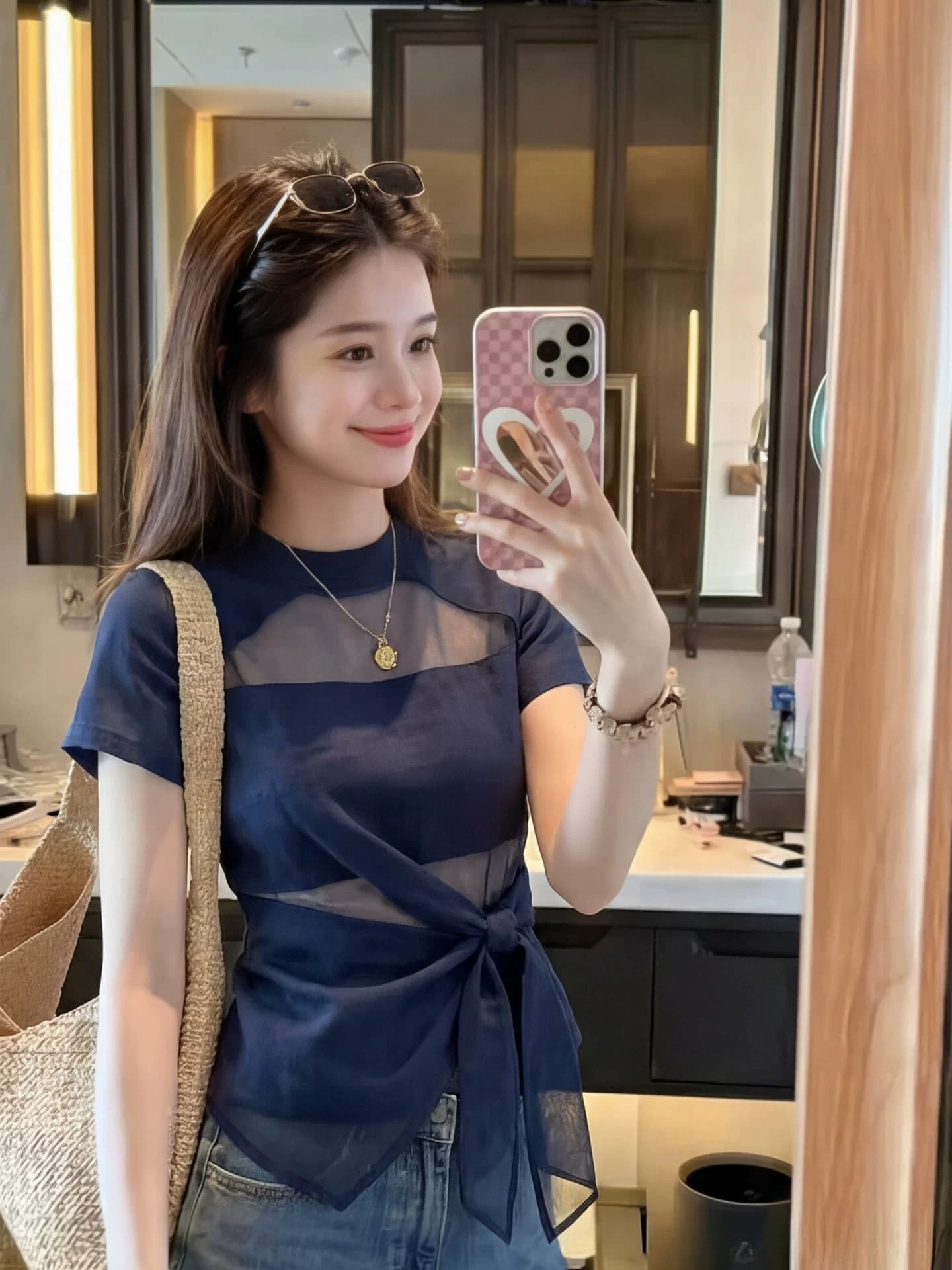 디자인 센스 홀로우 아웃 스트랩 티셔츠 여성 여름 진한 파란색 허리 수축 몸매 가꾸기 반팔 맨위 라운드 넥 여름 풀오버 레이스업 상세 이미지 1