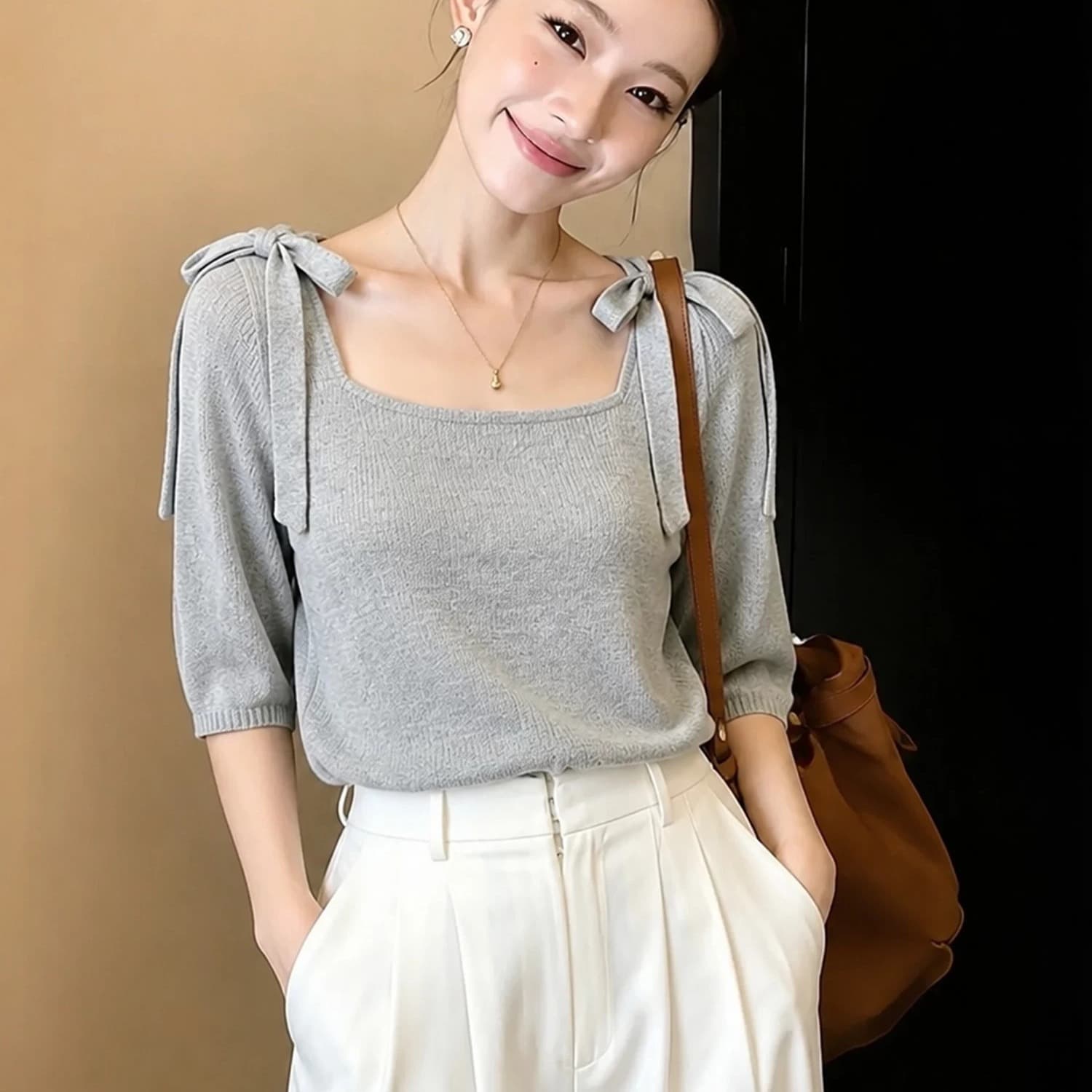 프랑스식 빛 요리 한 바람 광장 칼라 나비 매듭 니트 반팔 여성 여름 새로운 회색 몸매 가꾸기 출퇴근 맨위 디자인 센스 이미지 5