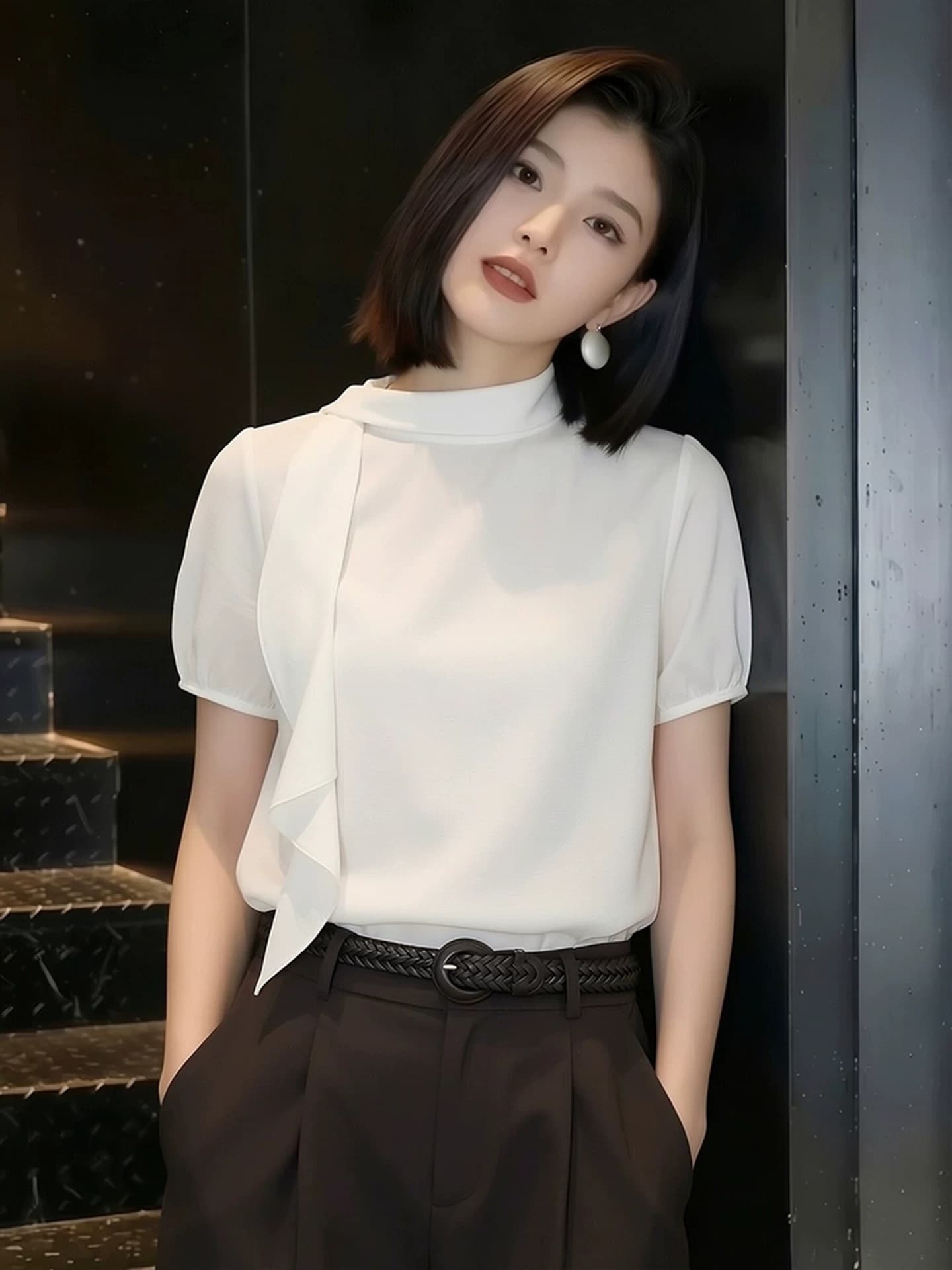 프랑스식 출퇴근 바람 화이트 스탠드 칼라 반팔 티셔츠 여성 루즈핏 리본 디자인 센스 미니멀리즘 다용도 연령 감소 맨위 트렌디