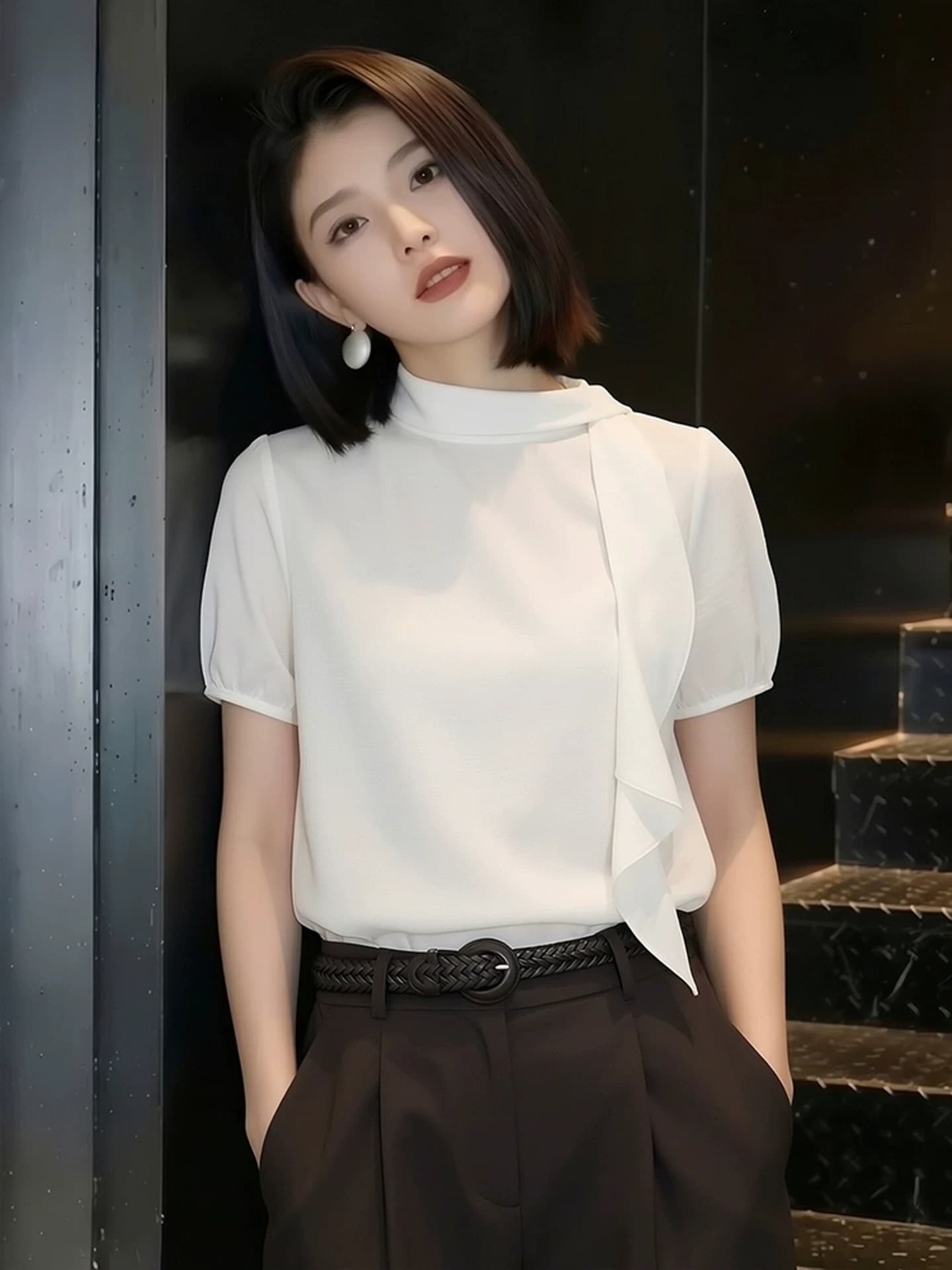 프랑스식 출퇴근 바람 화이트 스탠드 칼라 반팔 티셔츠 여성 루즈핏 리본 디자인 센스 미니멀리즘 다용도 연령 감소 맨위 트렌디 이미지 2