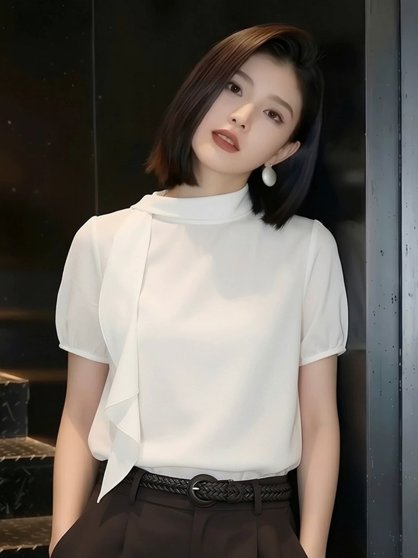 프랑스식 출퇴근 바람 화이트 스탠드 칼라 반팔 티셔츠 여성 루즈핏 리본 디자인 센스 미니멀리즘 다용도 연령 감소 맨위 트렌디 이미지 3
