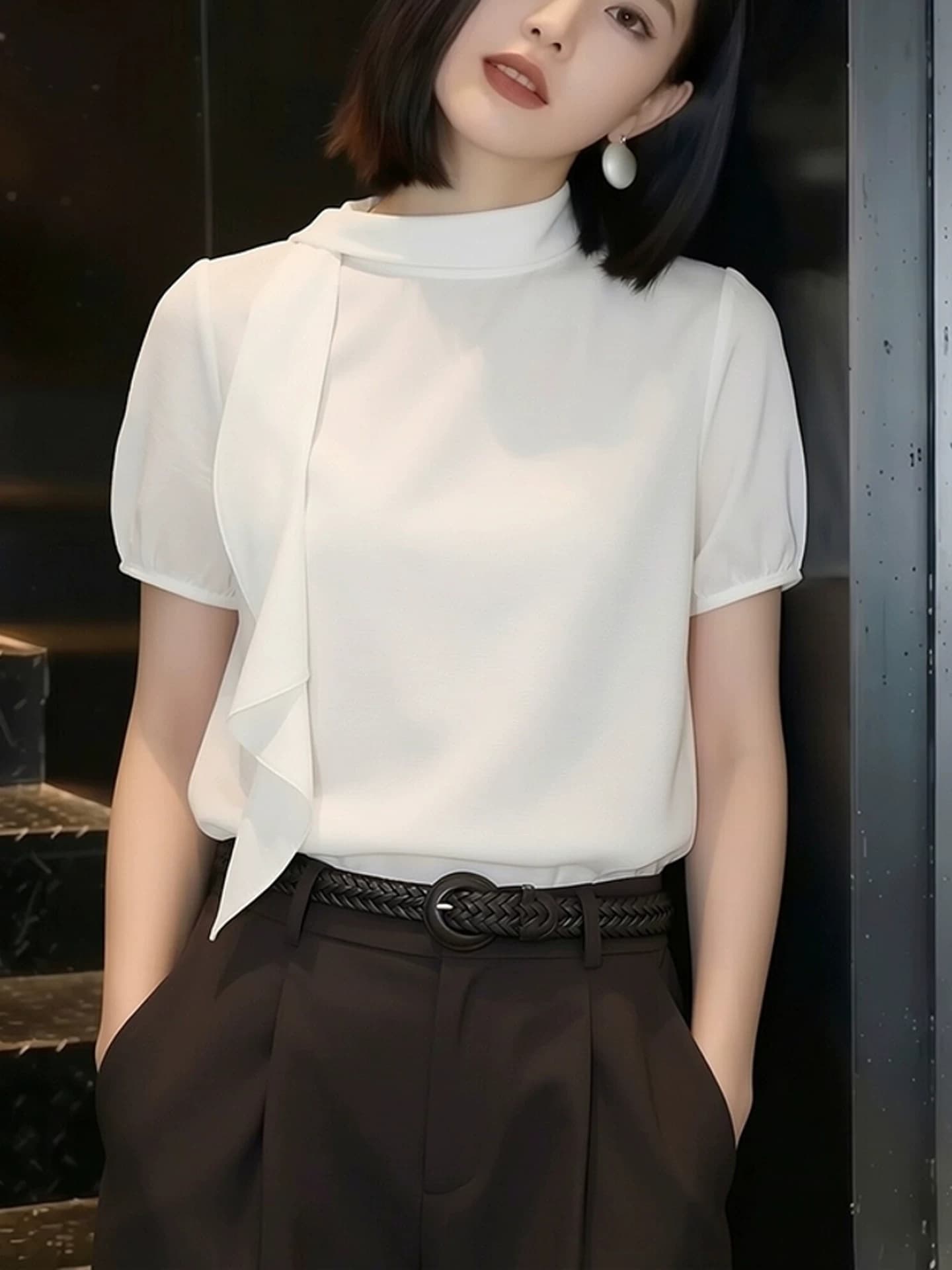 프랑스식 출퇴근 바람 화이트 스탠드 칼라 반팔 티셔츠 여성 루즈핏 리본 디자인 센스 미니멀리즘 다용도 연령 감소 맨위 트렌디 이미지 4