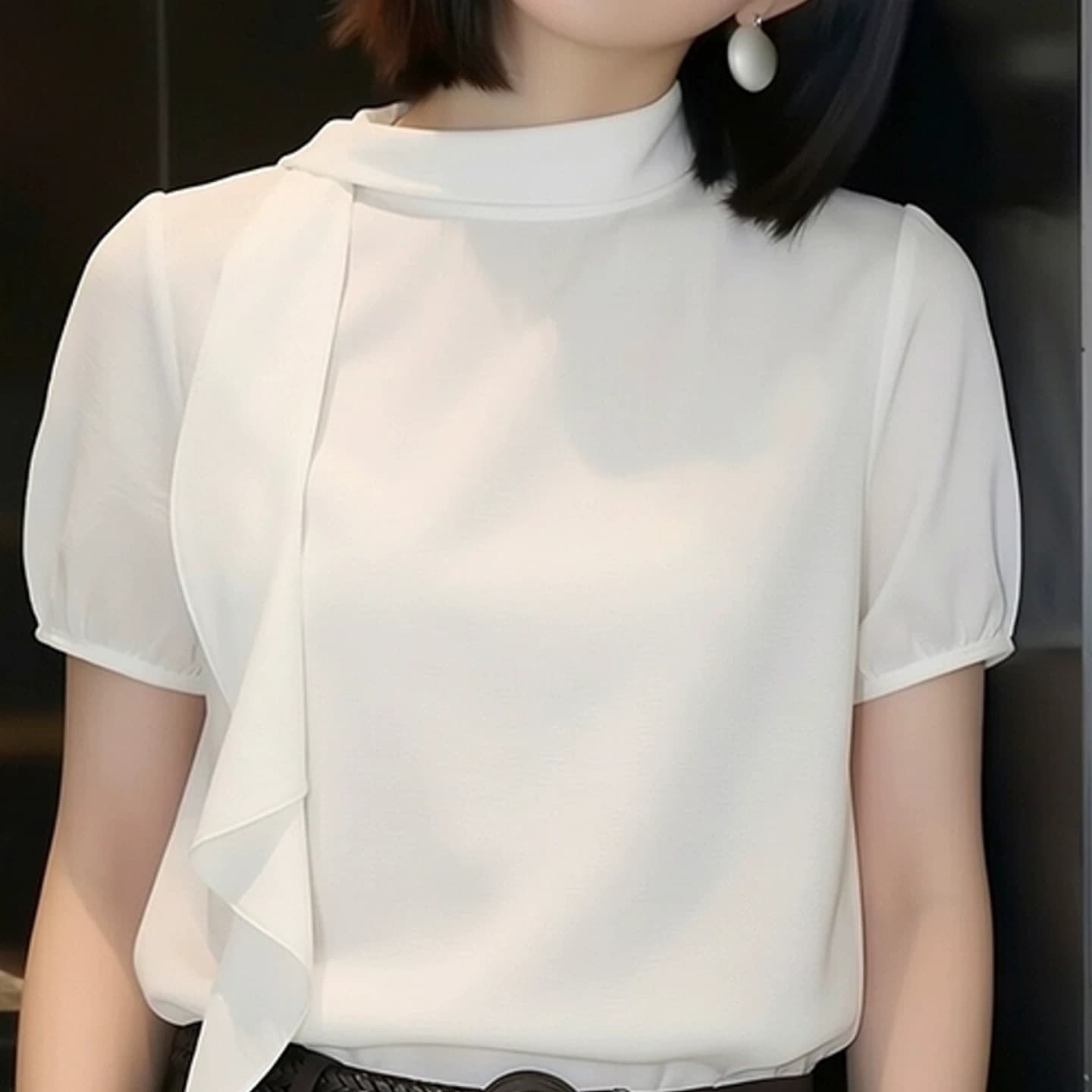 프랑스식 출퇴근 바람 화이트 스탠드 칼라 반팔 티셔츠 여성 루즈핏 리본 디자인 센스 미니멀리즘 다용도 연령 감소 맨위 트렌디 이미지 5