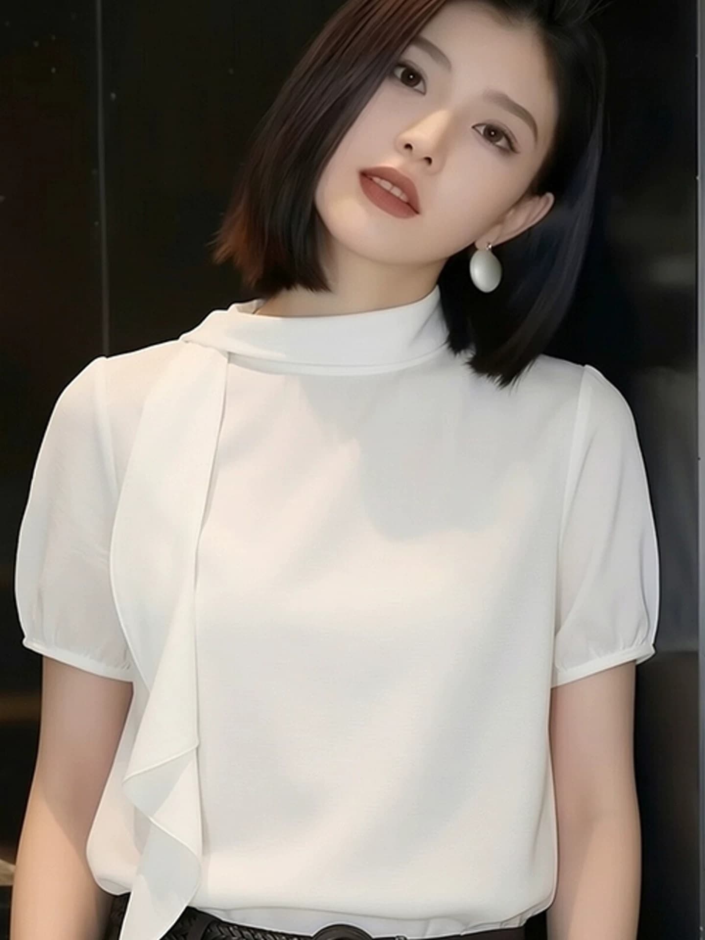 프랑스식 출퇴근 바람 화이트 스탠드 칼라 반팔 티셔츠 여성 루즈핏 리본 디자인 센스 미니멀리즘 다용도 연령 감소 맨위 트렌디 상세 이미지 5