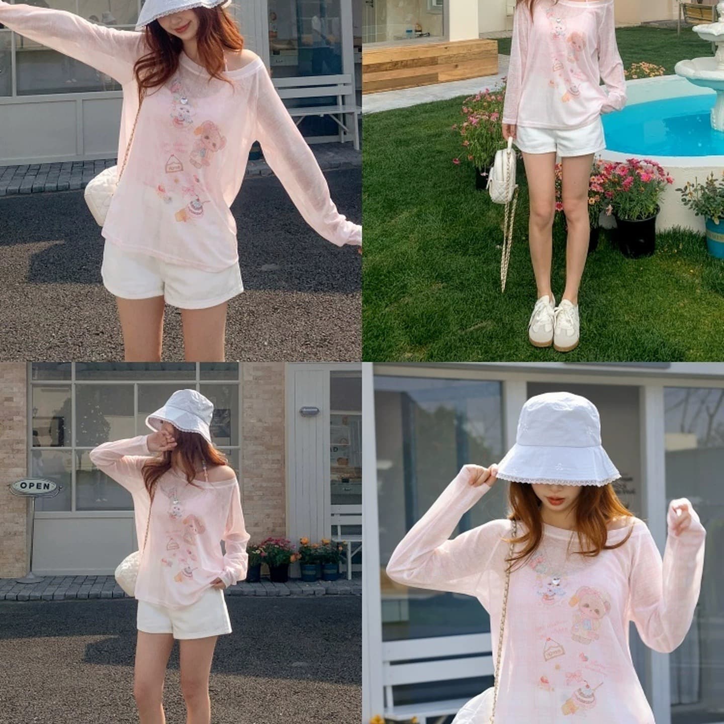 숲속 소녀 종족 귀여운 어린애 같은 루즈핏 긴팔 티셔츠 여성 새로운 핑크색 자외선 차단 블라우스 얇은 스타일 비스듬한 어깨 의류 여름 이미지 5