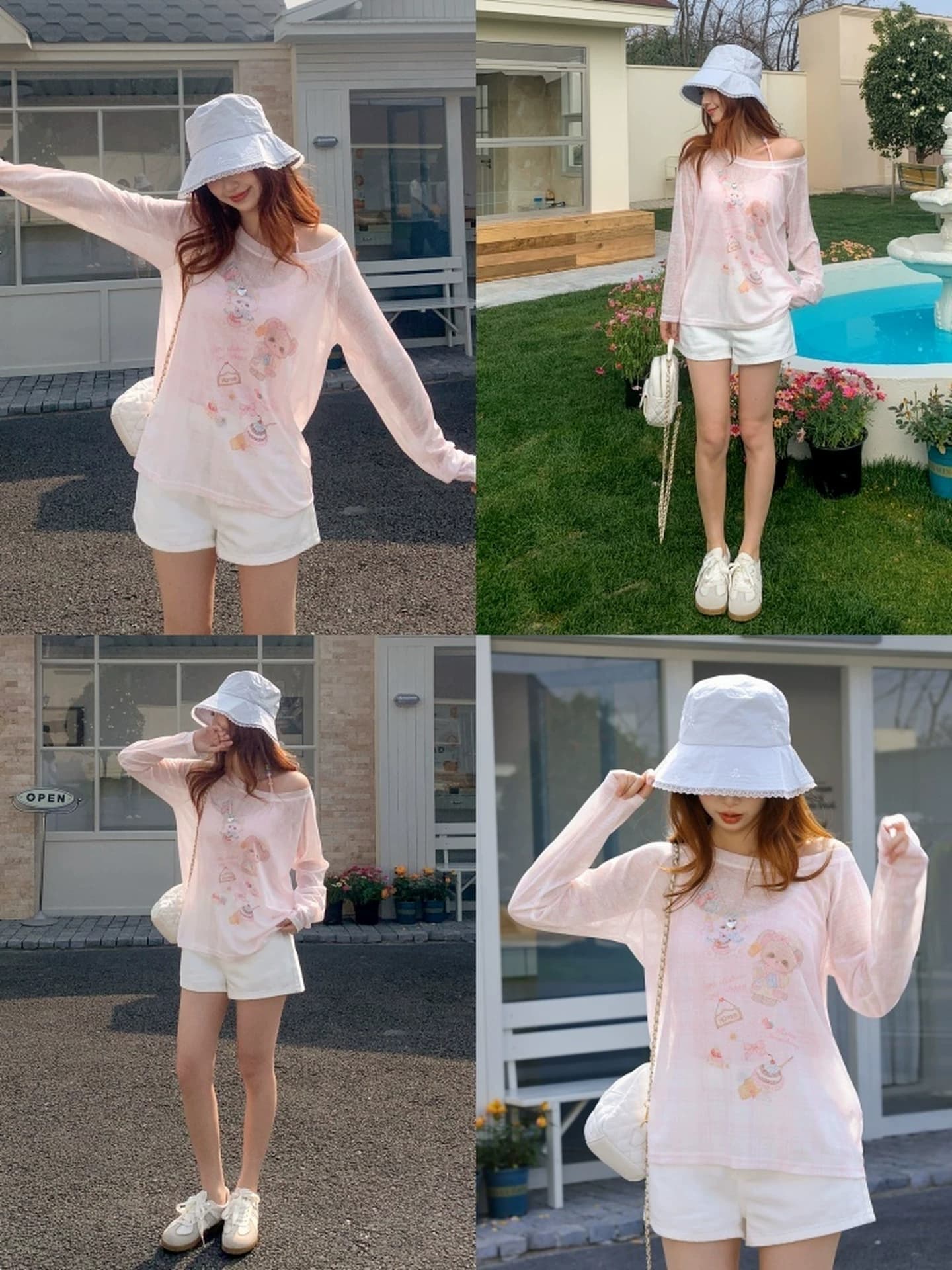 숲속 소녀 종족 귀여운 어린애 같은 루즈핏 긴팔 티셔츠 여성 새로운 핑크색 자외선 차단 블라우스 얇은 스타일 비스듬한 어깨 의류 여름 상세 이미지 5