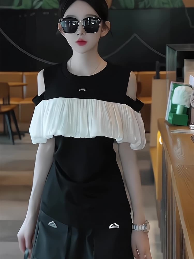 검정색 라운드 넥 프릴 오프숄더 반팔 티셔츠 여성 여름 프랑스식 꼬집기 허리 디자인 센스 몸매 가꾸기 핫걸 맨위 이미지 4