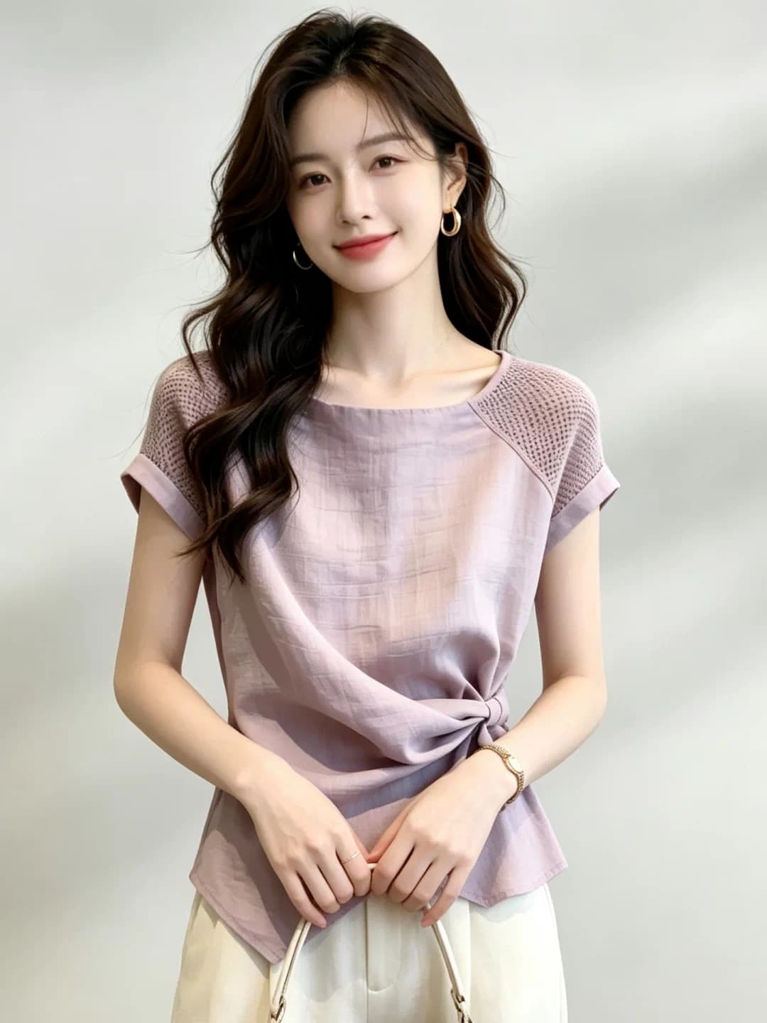 프랑스식 디자인 센스 레이스 조각 반팔 티셔츠 여성 여름 새로운 보라색 작은 셔츠 레이스업 허리 수축 품격 맨위 이미지 4