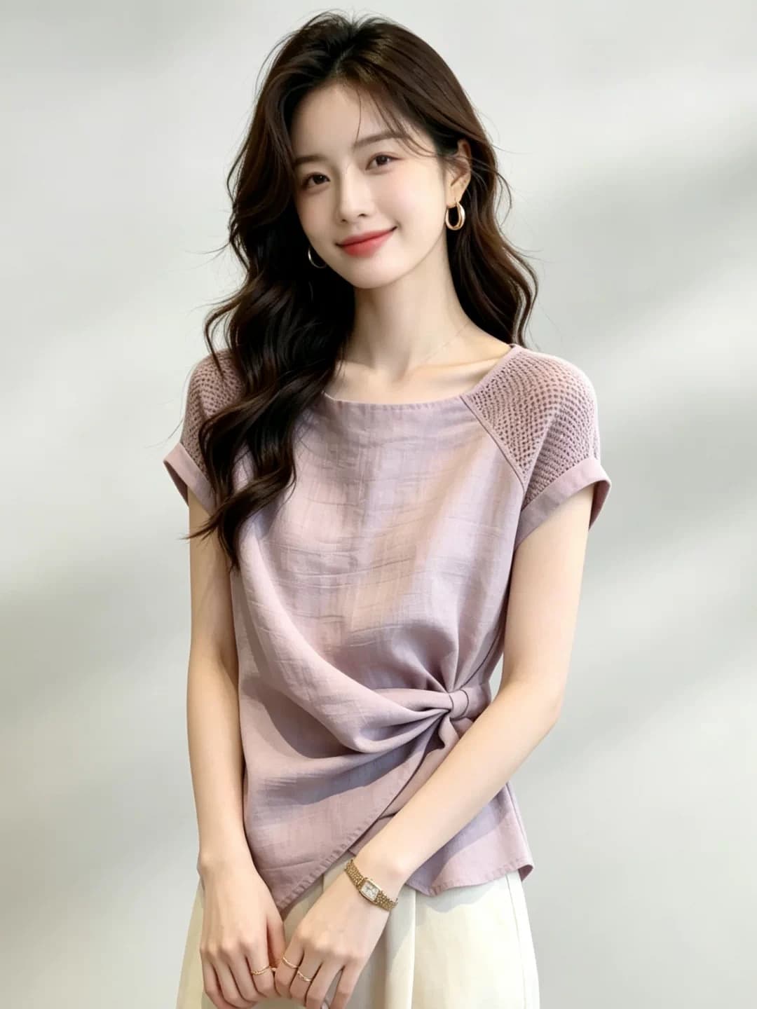 프랑스식 디자인 센스 레이스 조각 반팔 티셔츠 여성 여름 새로운 보라색 작은 셔츠 레이스업 허리 수축 품격 맨위 상세 이미지 3