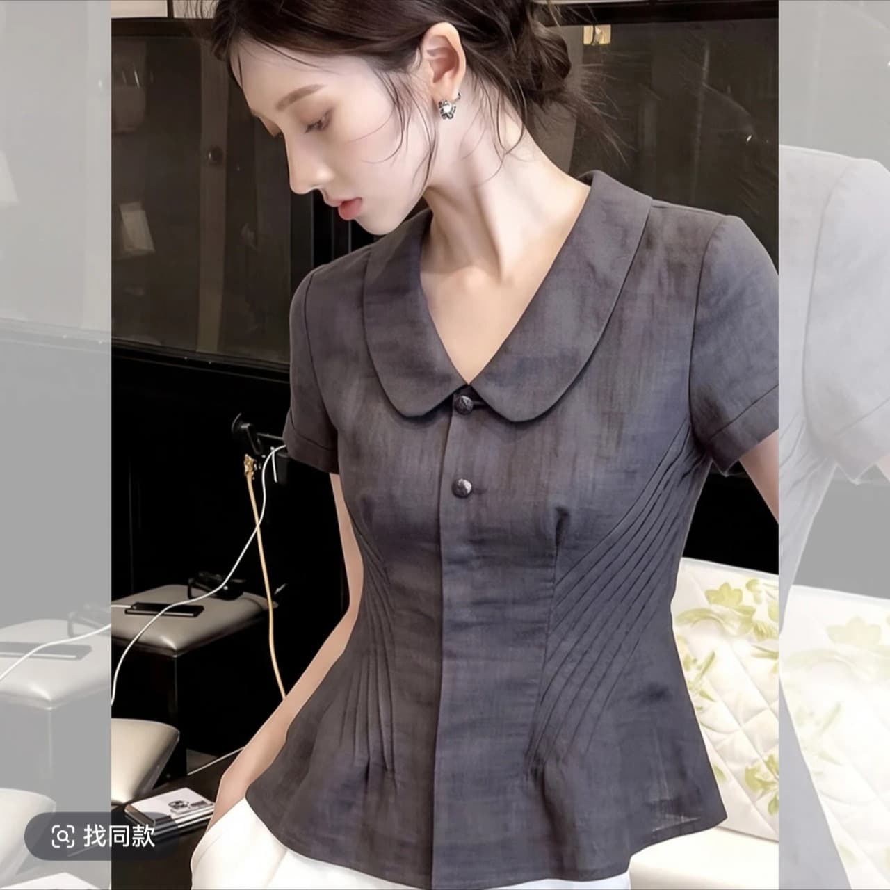 2026 여름 한국 스타일 작은 대중 베이비 칼라 허리 수축 여성 셔츠 어두운 회색 다용도 캐주얼 바람 외국 가스 품격 맨위 이미지 5