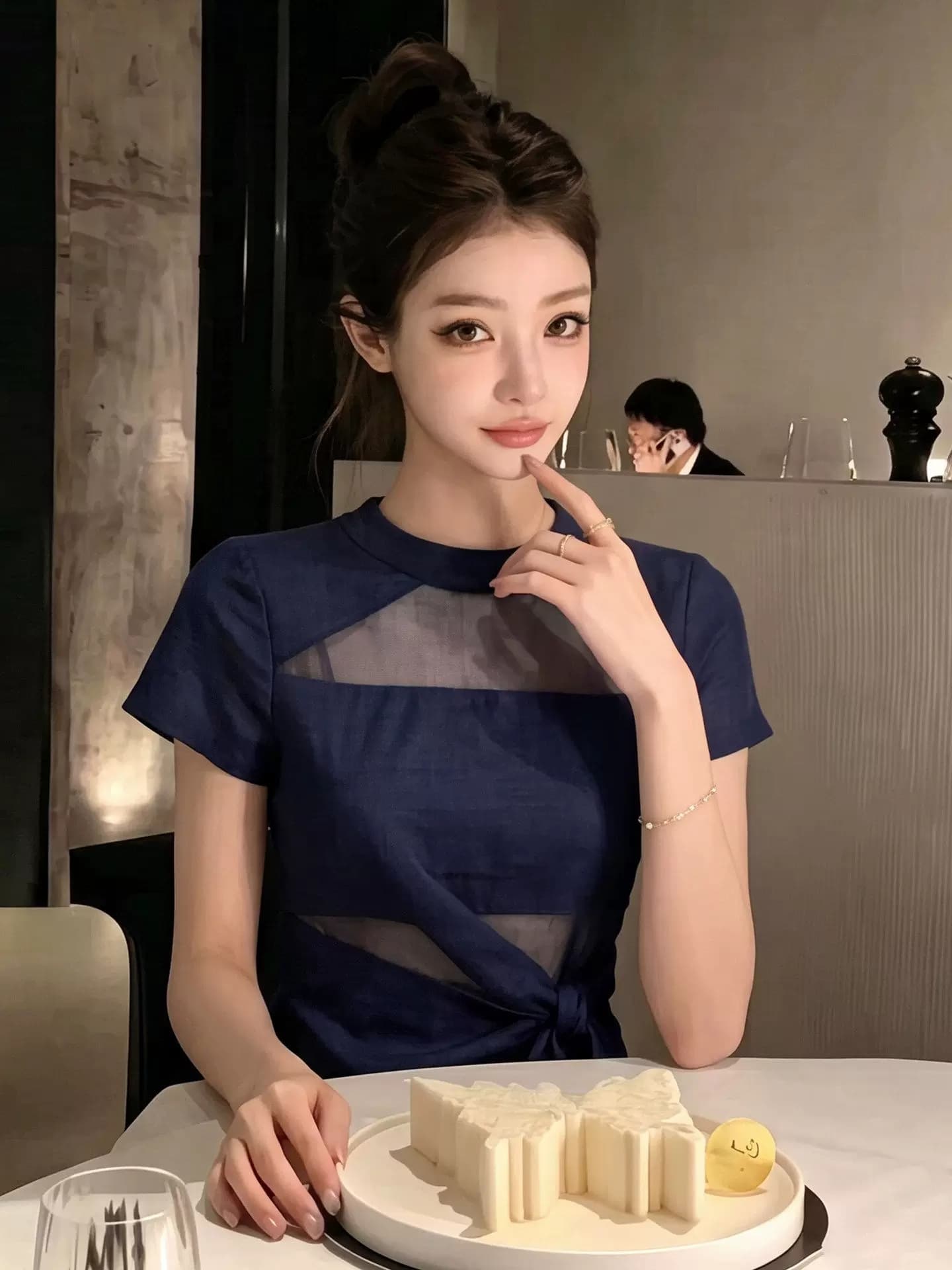 프랑스식 품격 블루 색상 망사 패치워크 붕대 반팔 여성 셔츠 여름 고유 한 아름다운 고급 센스 아름다운 맨위 이미지 4
