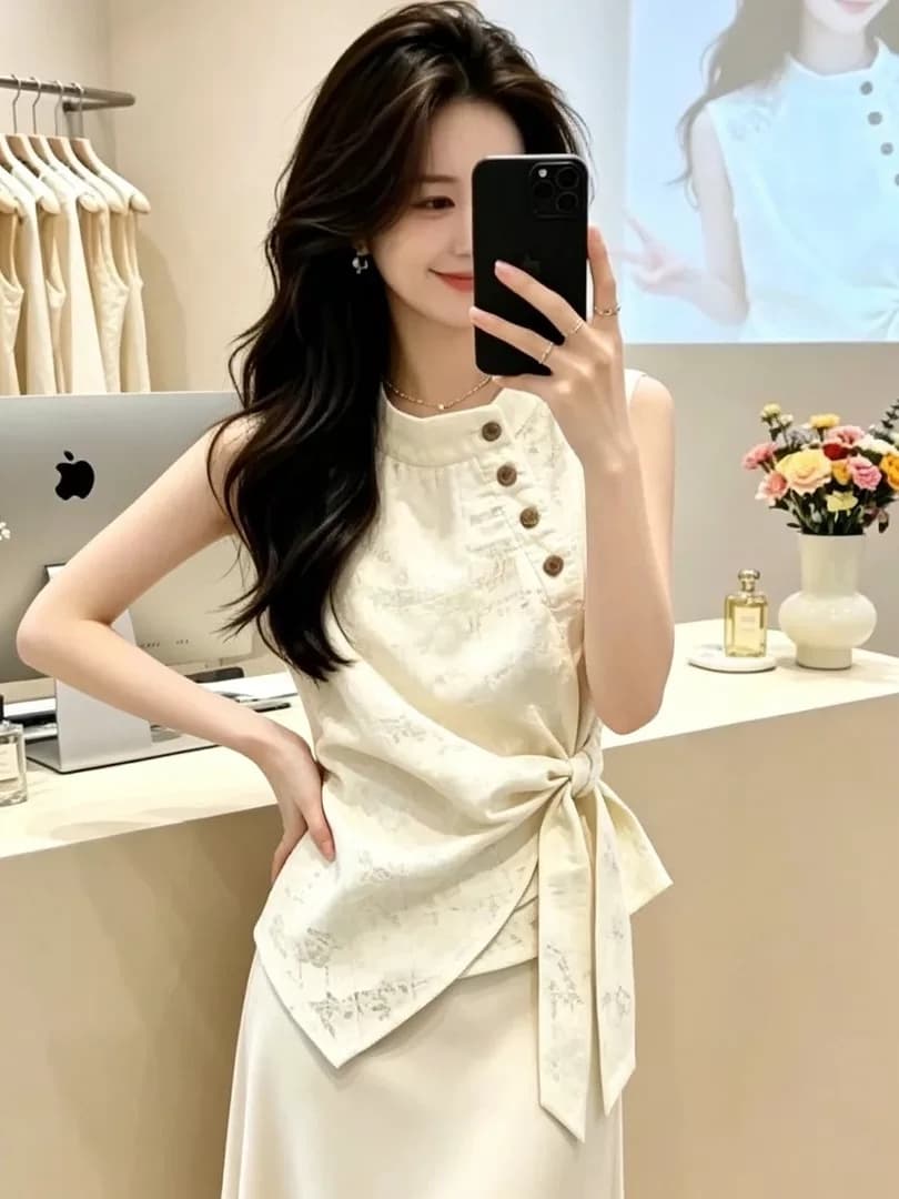 패션 스탠드 칼라 여성 셔츠 여름 새로운 외국 가스 민소매 스트랩 허리 수축 슬림해 보이는 다용도 품격 출퇴근 맨위 트렌디