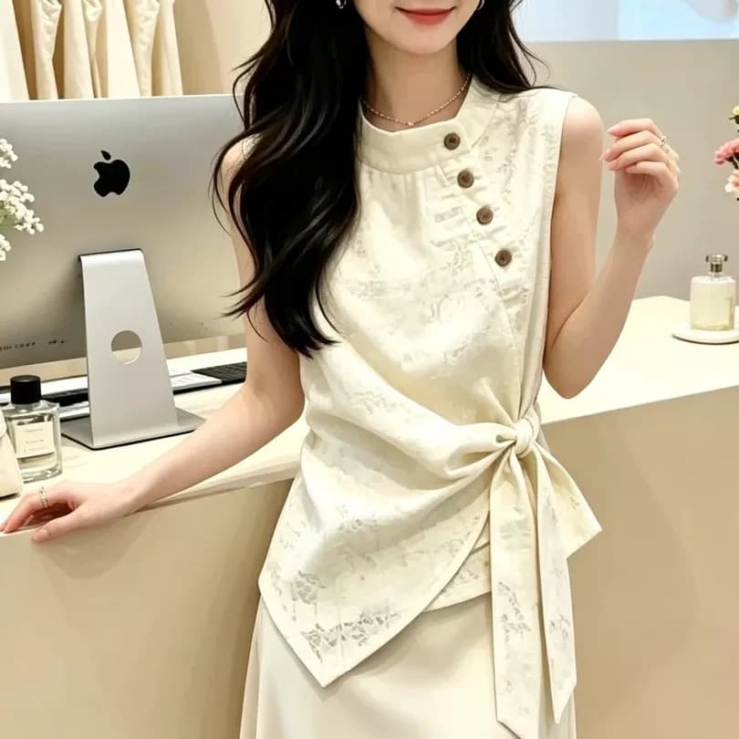 패션 스탠드 칼라 여성 셔츠 여름 새로운 외국 가스 민소매 스트랩 허리 수축 슬림해 보이는 다용도 품격 출퇴근 맨위 트렌디 이미지 5