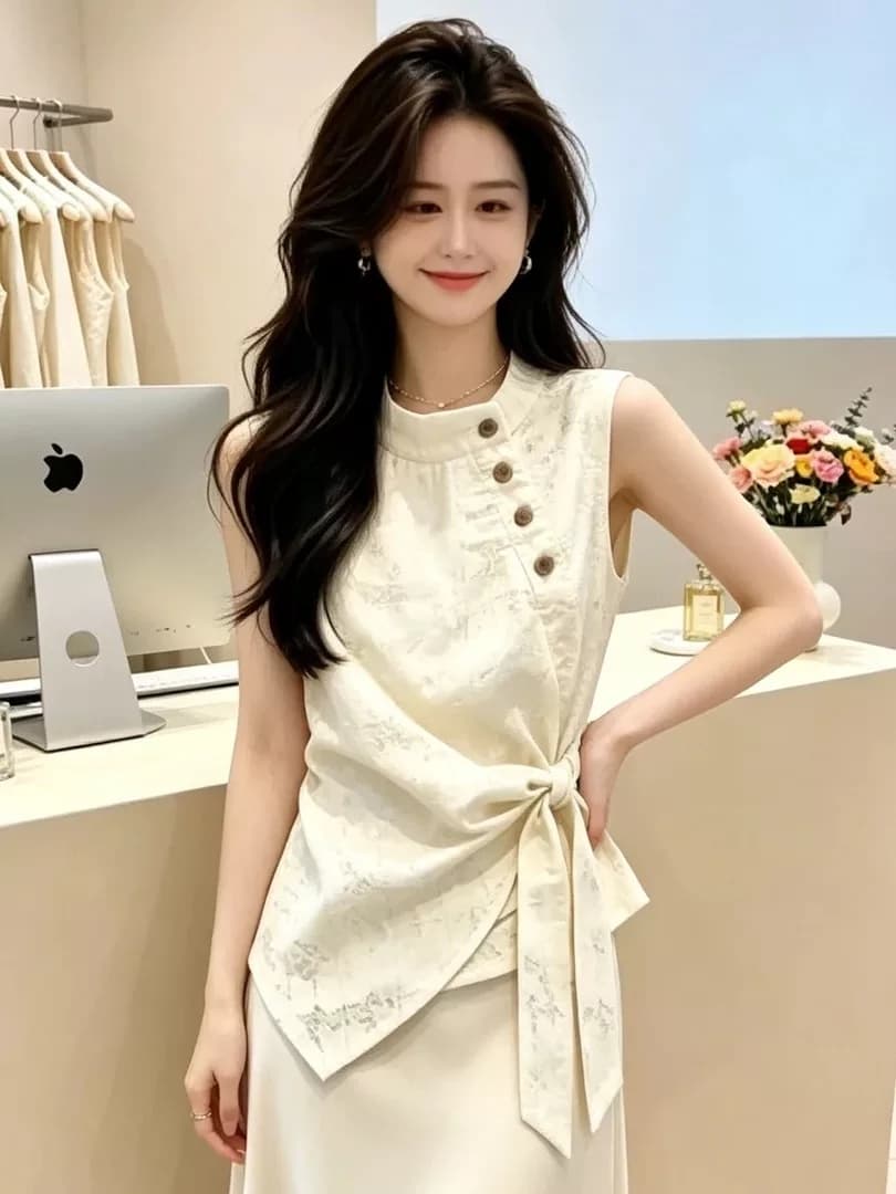 패션 스탠드 칼라 여성 셔츠 여름 새로운 외국 가스 민소매 스트랩 허리 수축 슬림해 보이는 다용도 품격 출퇴근 맨위 트렌디 상세 이미지 3