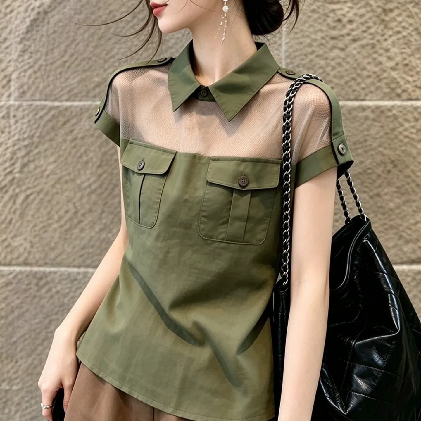 디자인 작은 대중 Chic 녹색 폴로 칼라 망사 패치워크 맨위 여성 여름 자이언트 잘 생긴 고유 한 아름다운 반팔 셔츠 이미지 5