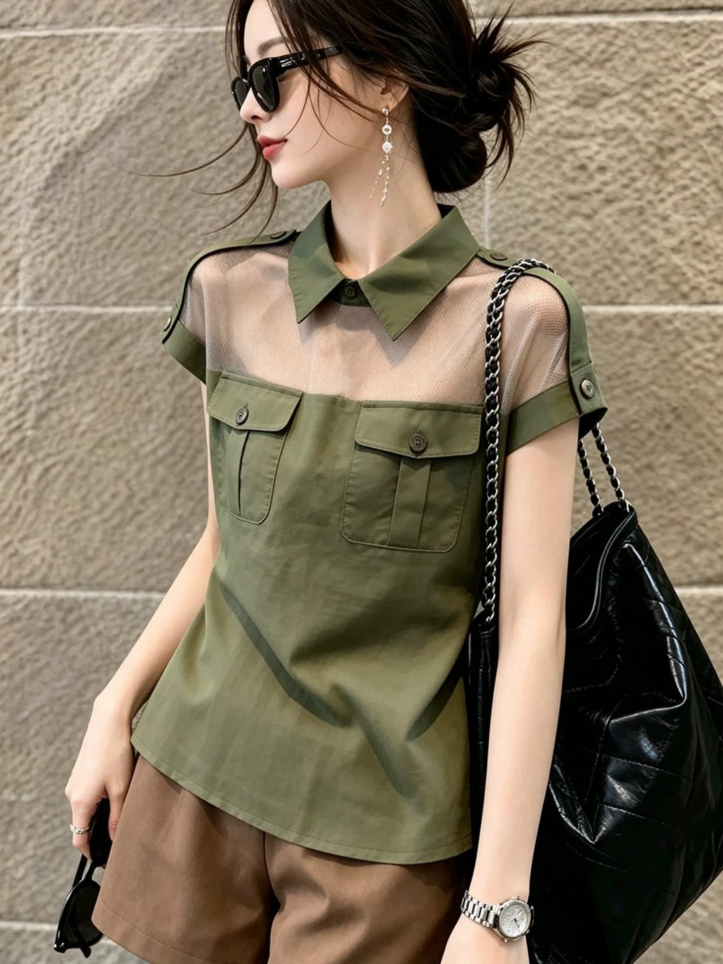 디자인 작은 대중 Chic 녹색 폴로 칼라 망사 패치워크 맨위 여성 여름 자이언트 잘 생긴 고유 한 아름다운 반팔 셔츠 상세 이미지 5
