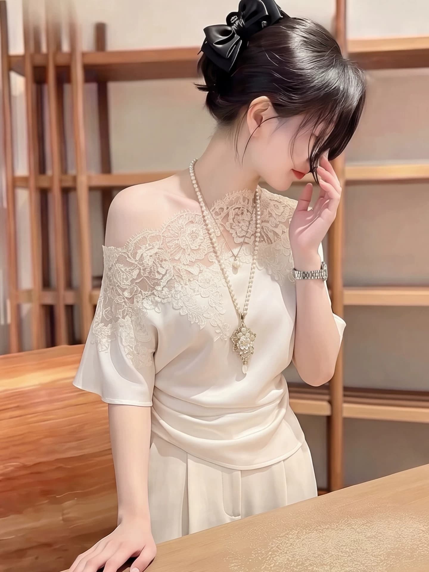 고유 한 아름다운 베이지 색 레이스 조각 맨위 여성 여름 디자인 센스 자이언트 잘 생긴 비스듬한 어깨 허리 수축 중간 소매 셔츠 이미지 2