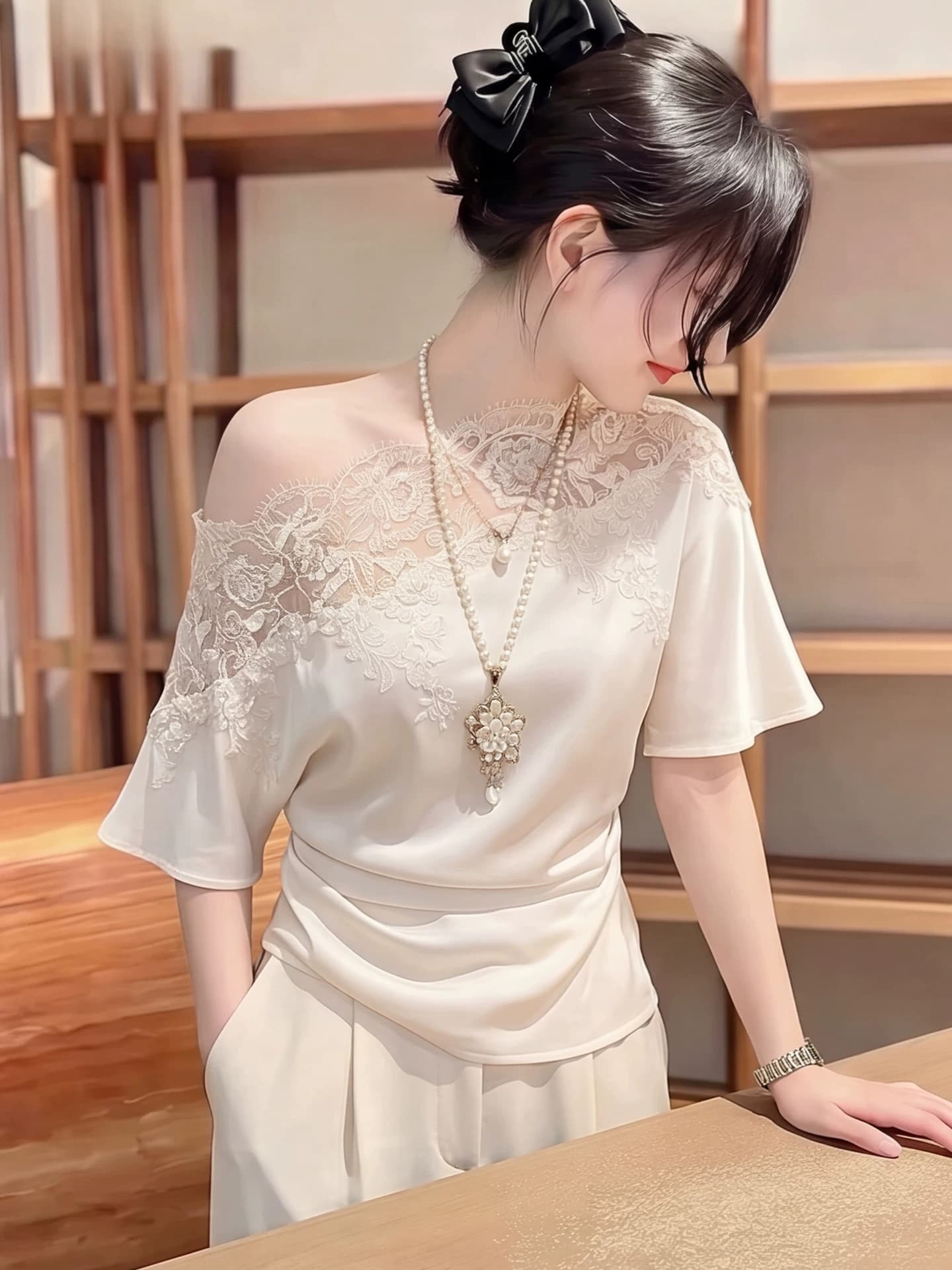 고유 한 아름다운 베이지 색 레이스 조각 맨위 여성 여름 디자인 센스 자이언트 잘 생긴 비스듬한 어깨 허리 수축 중간 소매 셔츠 이미지 4