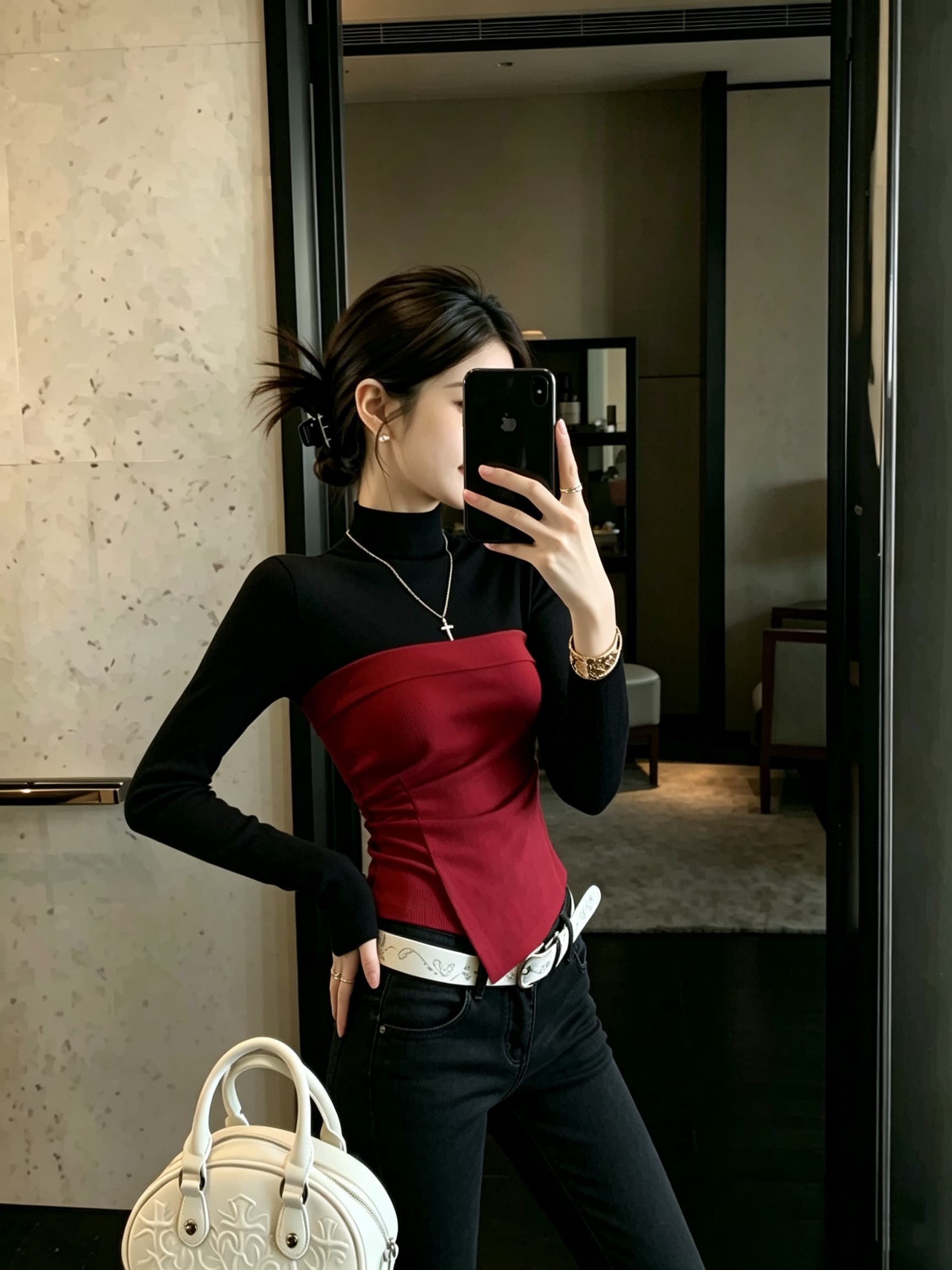 배색 패치워크 페이크 레이어드 긴팔 티셔츠 여성 2026 가을 새로운 몸매 가꾸기 불규칙 반하이넥 만나는 맨위 상세 이미지 3
