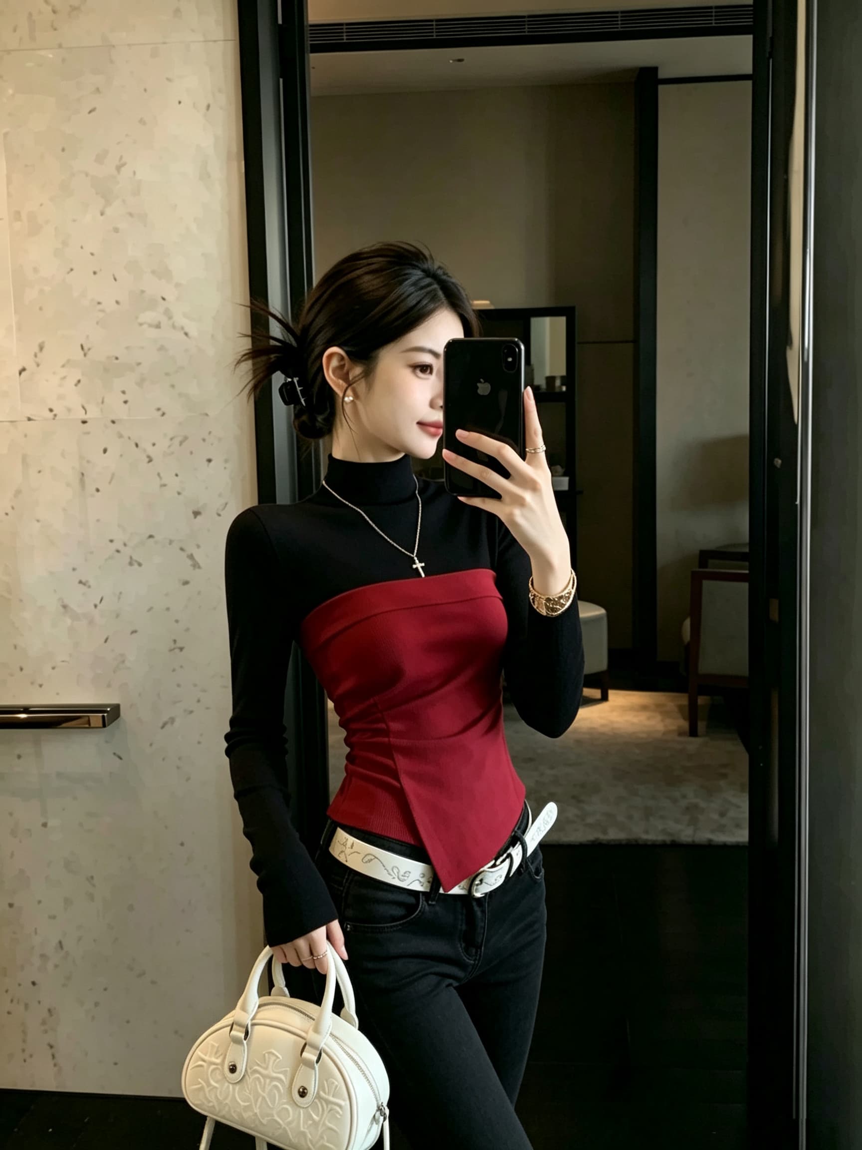 배색 패치워크 페이크 레이어드 긴팔 티셔츠 여성 2026 가을 새로운 몸매 가꾸기 불규칙 반하이넥 만나는 맨위 상세 이미지 5