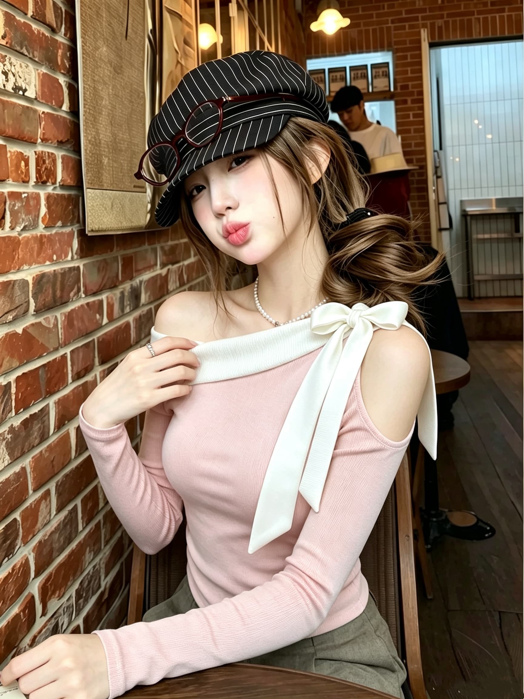 핑크색 비스듬한 칼라 오프숄더 나비 매듭 긴팔 티셔츠 기본 셔츠 여성 이른 가을 몸매 가꾸기 인사이드 가져 가라. 디자인 센스 쇼트 스타일 맨위 상세 이미지 3