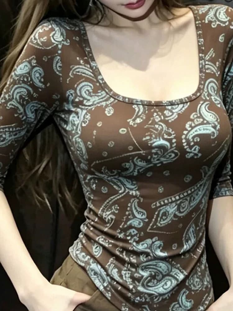 한 부서 품격 커피 색상 프린트 u 칼라 5 점 소매 티셔츠 여성 여름 착용 가져 가라. 고유 한 아름다운 고급 센스 쇼트 스타일 맨위 상세 이미지 4