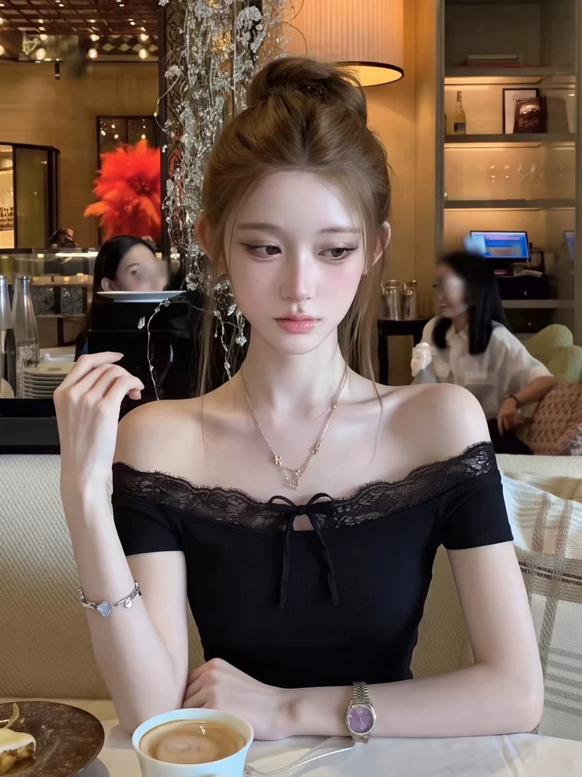 순수한 욕망 섹시함 검정색 레이스 보트넥 오프숄더 반팔 티셔츠 여성 여름 작은 키 절묘한 쇼트 스타일 맨위 얇은 이미지 2