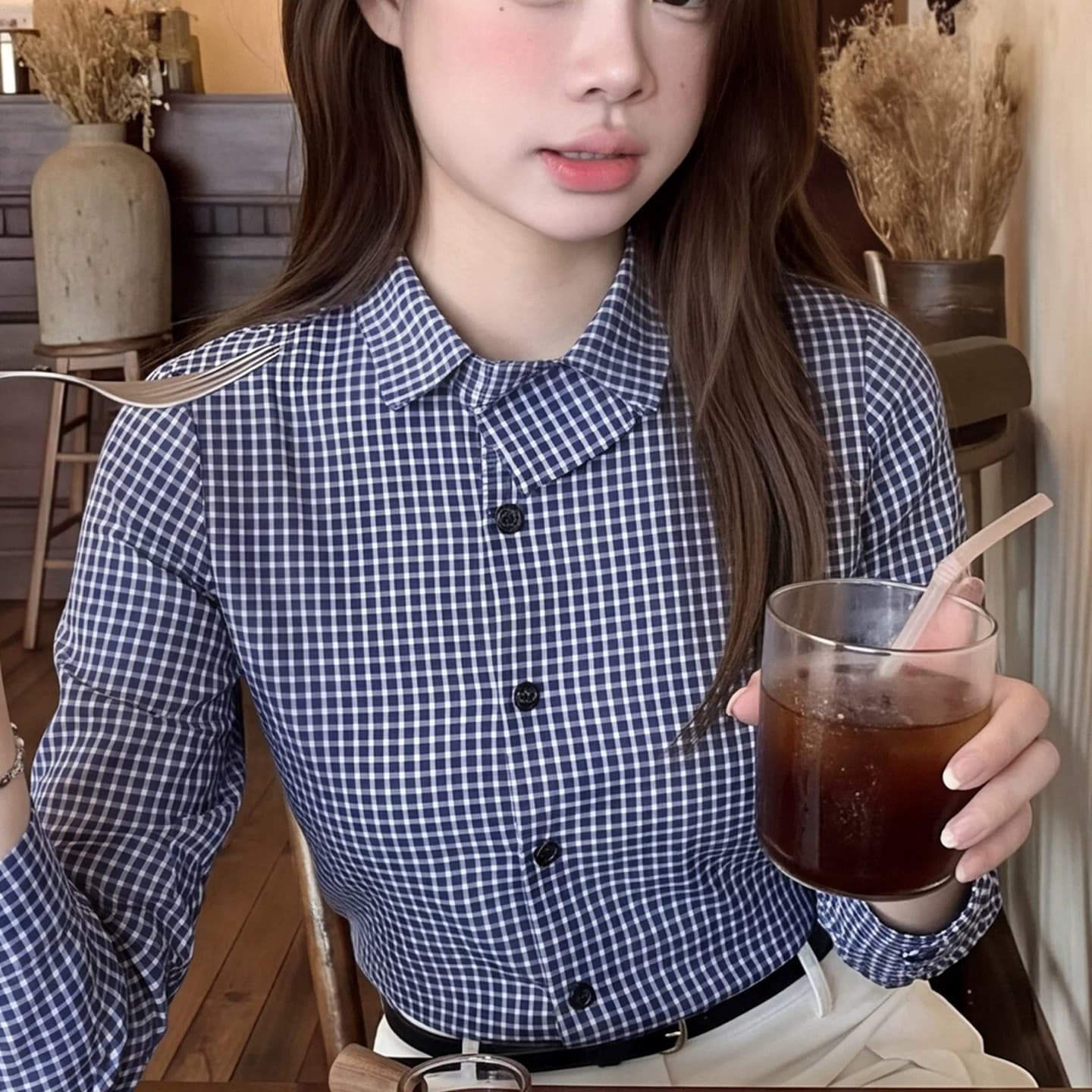 한 인사이드 한 가스 체크무늬 polo 폴로 칼라 긴팔 여성 셔츠 이른 가을 몸매 가꾸기 디자인 센스 싱글 착용 쇼트 스타일 오픈 가디건 맨위 이미지 5