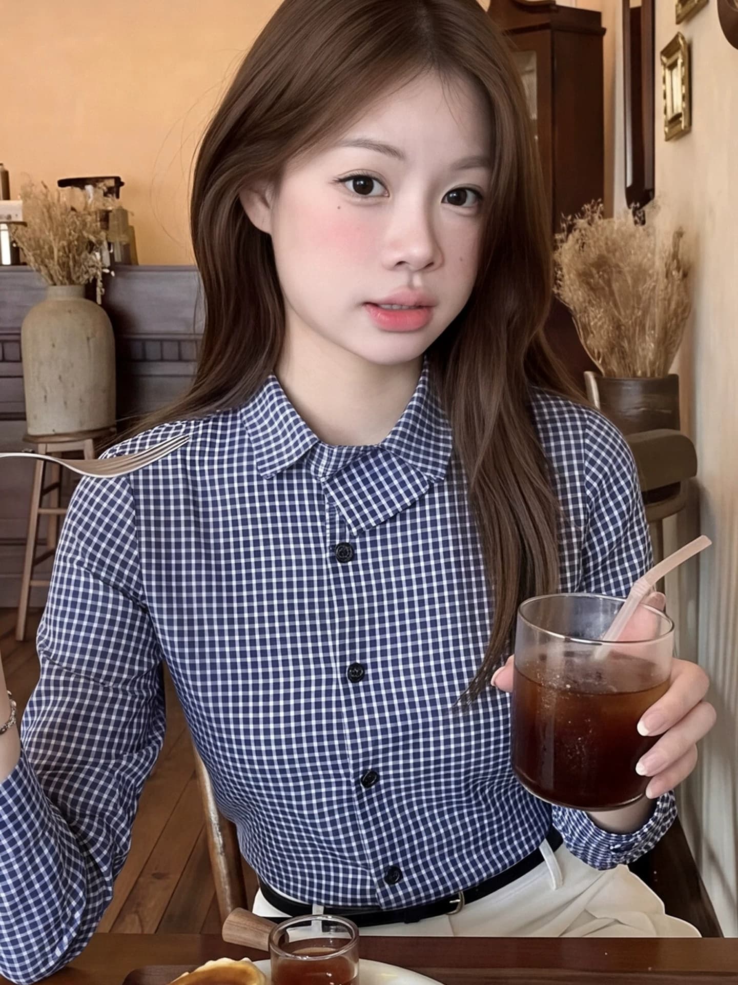 한 인사이드 한 가스 체크무늬 polo 폴로 칼라 긴팔 여성 셔츠 이른 가을 몸매 가꾸기 디자인 센스 싱글 착용 쇼트 스타일 오픈 가디건 맨위 상세 이미지 5