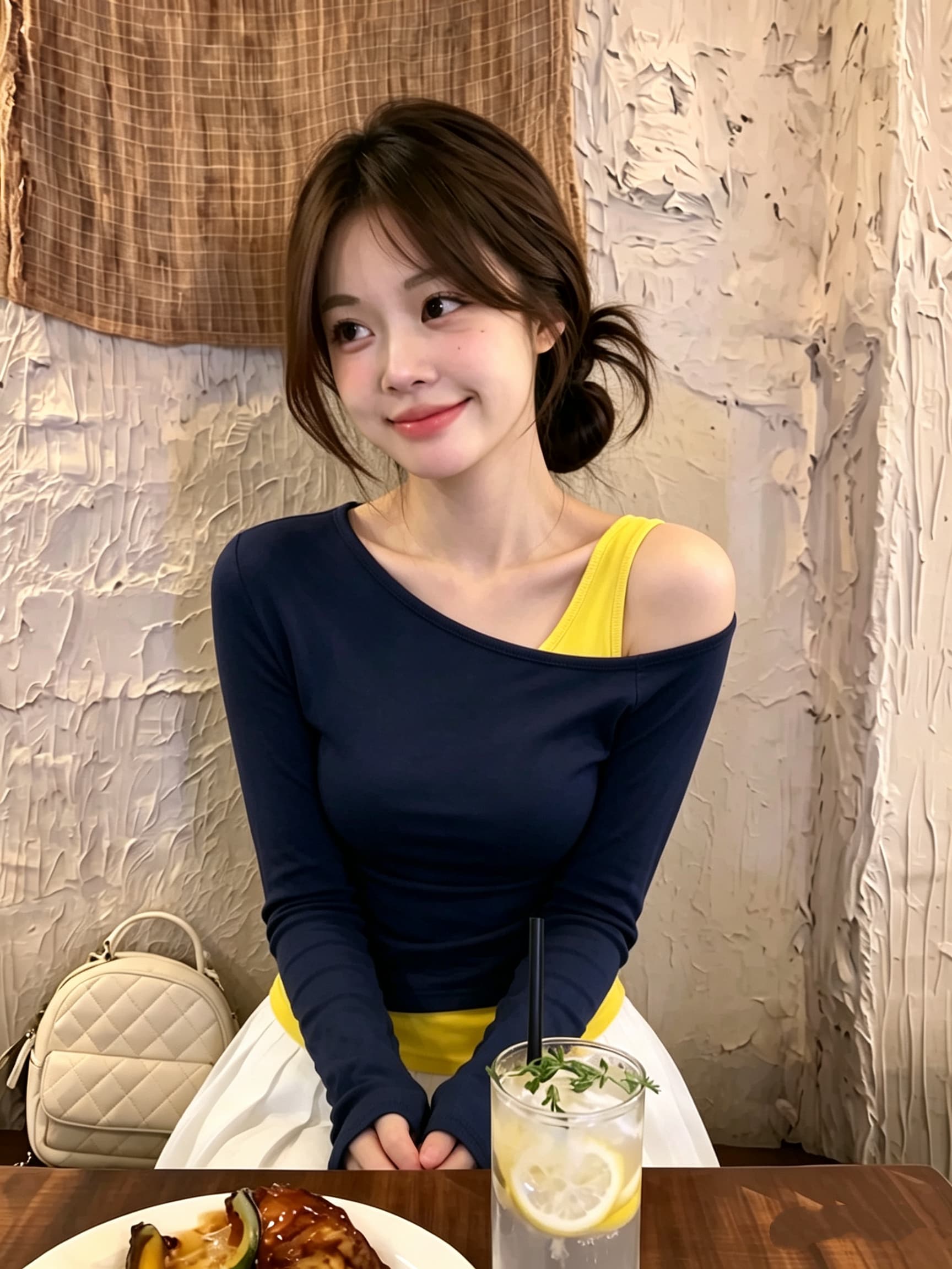 비스듬한 어깨 페이크 레이어드 오프숄더 허리 수축 티셔츠 여성 2026 새로운 가을 아름다운 자이언트 잘 생긴 패션 품격 꼬집기 허리 의류 이미지 4