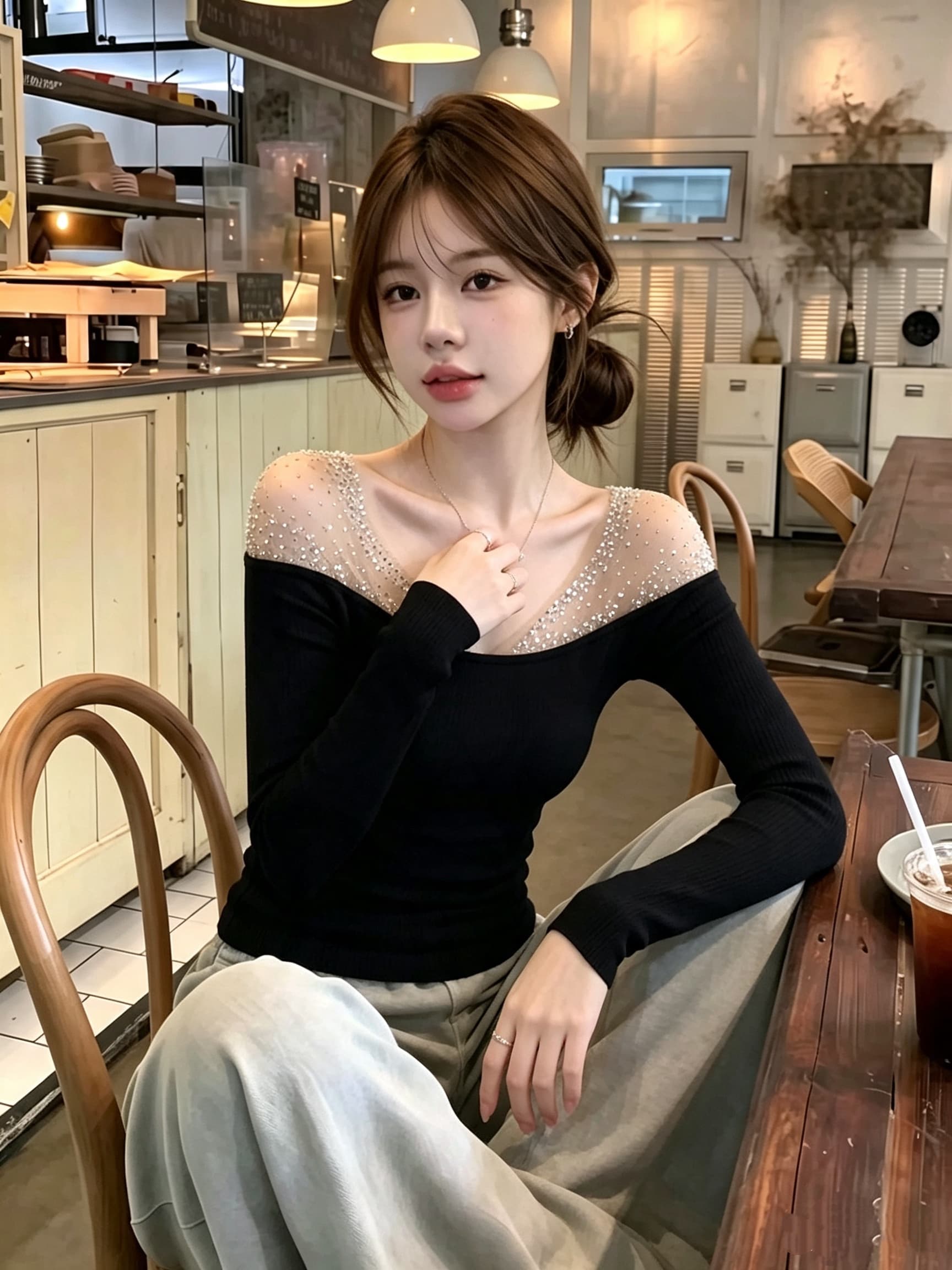 검정색 망사 핫픽스 패치워크 오프숄더 긴팔 니트 기본 셔츠 여성 가을 겨울 디자인 센스 몸매 가꾸기 인사이드 잡아라. 의류 이미지 4