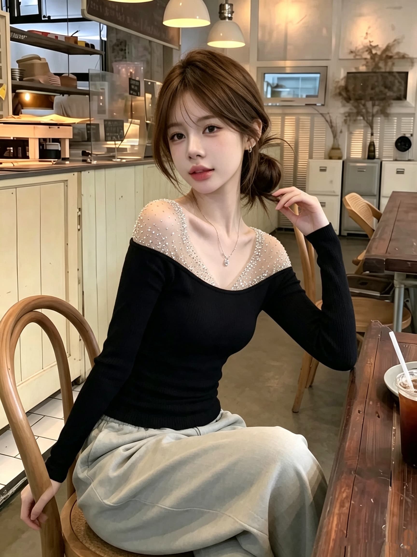 검정색 망사 핫픽스 패치워크 오프숄더 긴팔 니트 기본 셔츠 여성 가을 겨울 디자인 센스 몸매 가꾸기 인사이드 잡아라. 의류 상세 이미지 4
