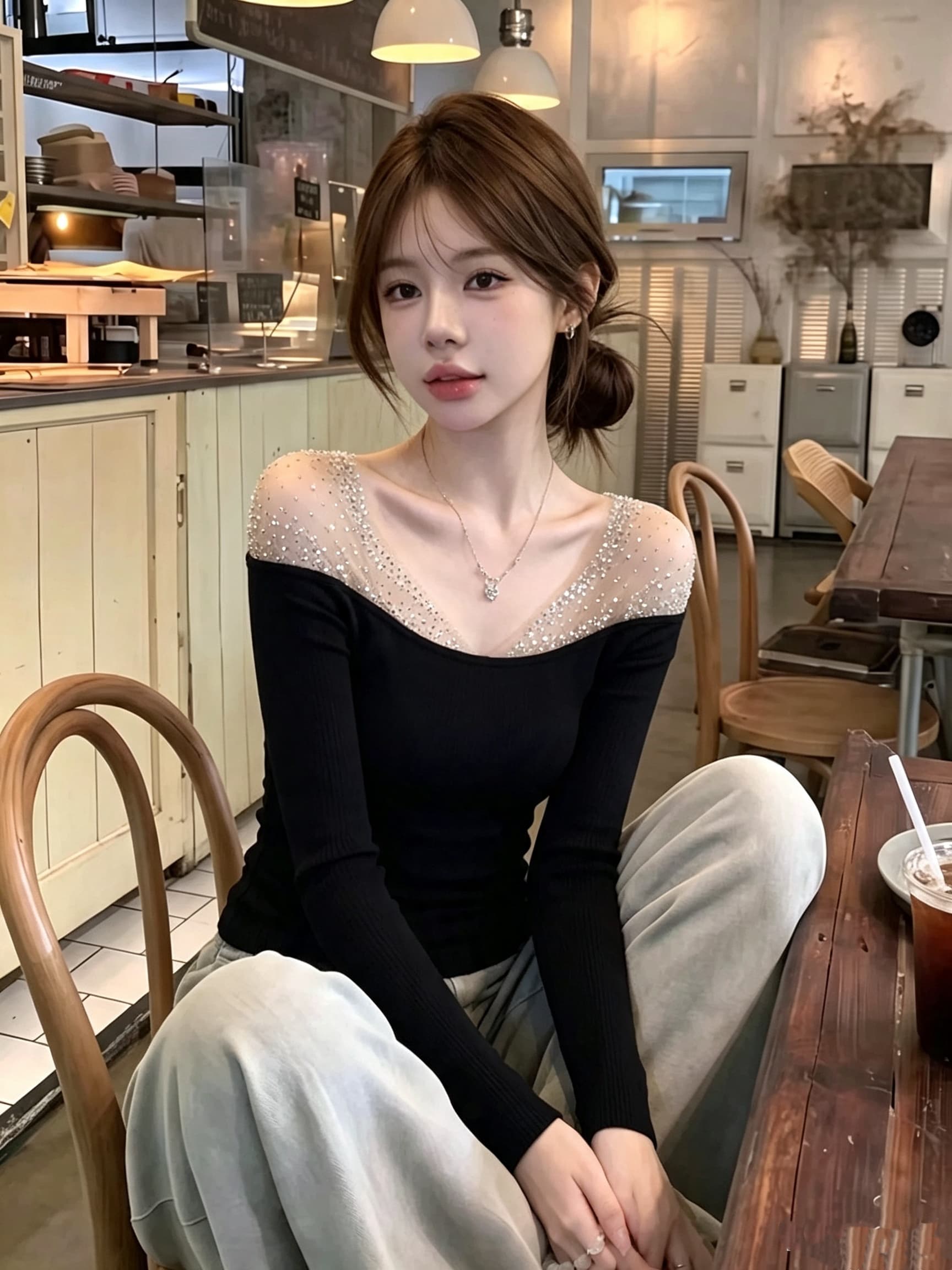 검정색 망사 핫픽스 패치워크 오프숄더 긴팔 니트 기본 셔츠 여성 가을 겨울 디자인 센스 몸매 가꾸기 인사이드 잡아라. 의류 상세 이미지 5