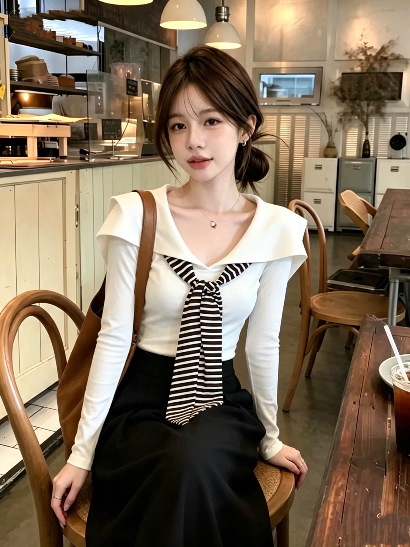 레트로 해군 칼라 스트라이프 긴팔 티셔츠 여성 가을 겨울 새로운 몸매 가꾸기 V넥 기본 셔츠 패션 연령 감소 맨위 상세 이미지 1