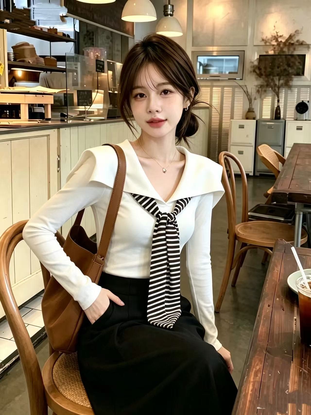 레트로 해군 칼라 스트라이프 긴팔 티셔츠 여성 가을 겨울 새로운 몸매 가꾸기 V넥 기본 셔츠 패션 연령 감소 맨위 상세 이미지 2