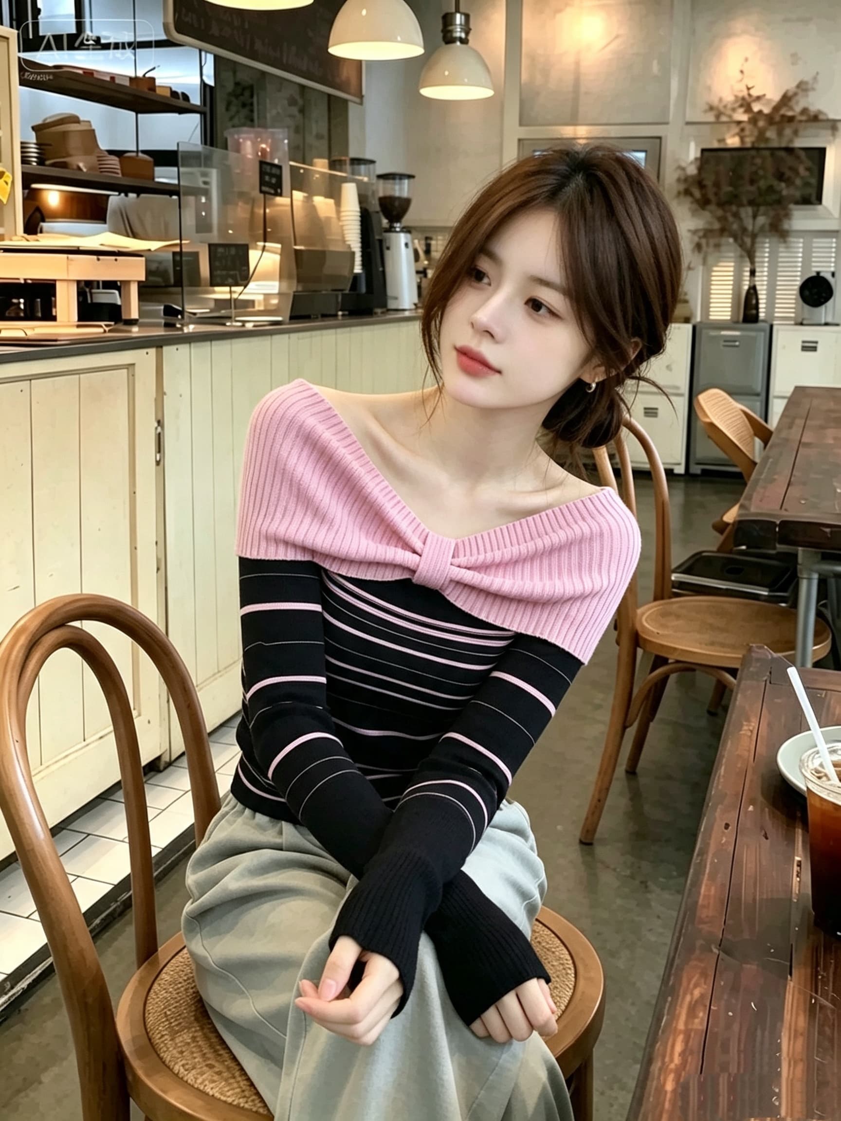 가을 겨울 한 부서 오프숄더 스트라이프 패치워크 색상 스웨터 니트 기본 셔츠 여성 인사이드 가져 가라. 몸매 가꾸기 슬림해 보이는 긴팔 맨위 상세 이미지 3
