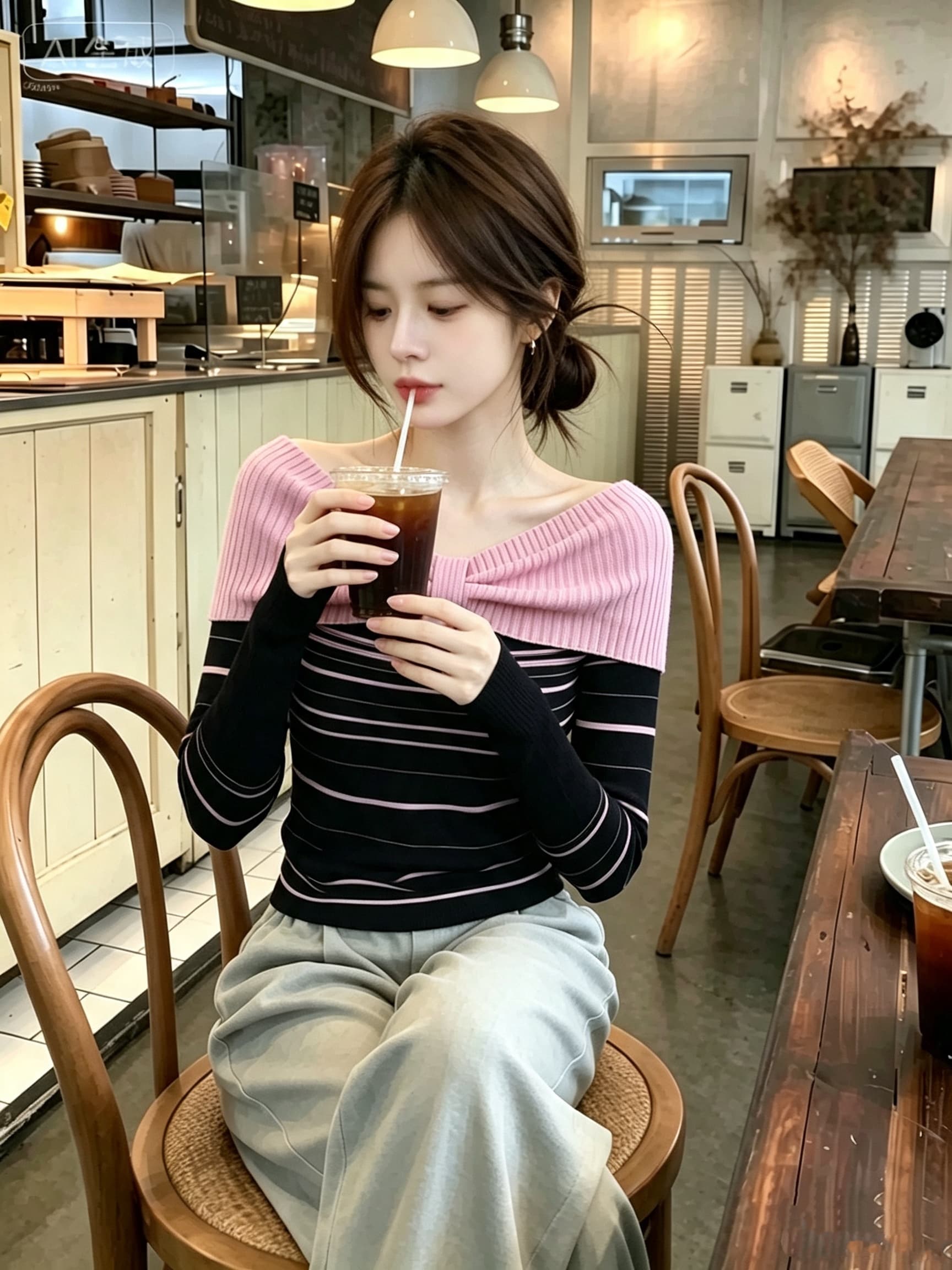 가을 겨울 한 부서 오프숄더 스트라이프 패치워크 색상 스웨터 니트 기본 셔츠 여성 인사이드 가져 가라. 몸매 가꾸기 슬림해 보이는 긴팔 맨위 상세 이미지 5