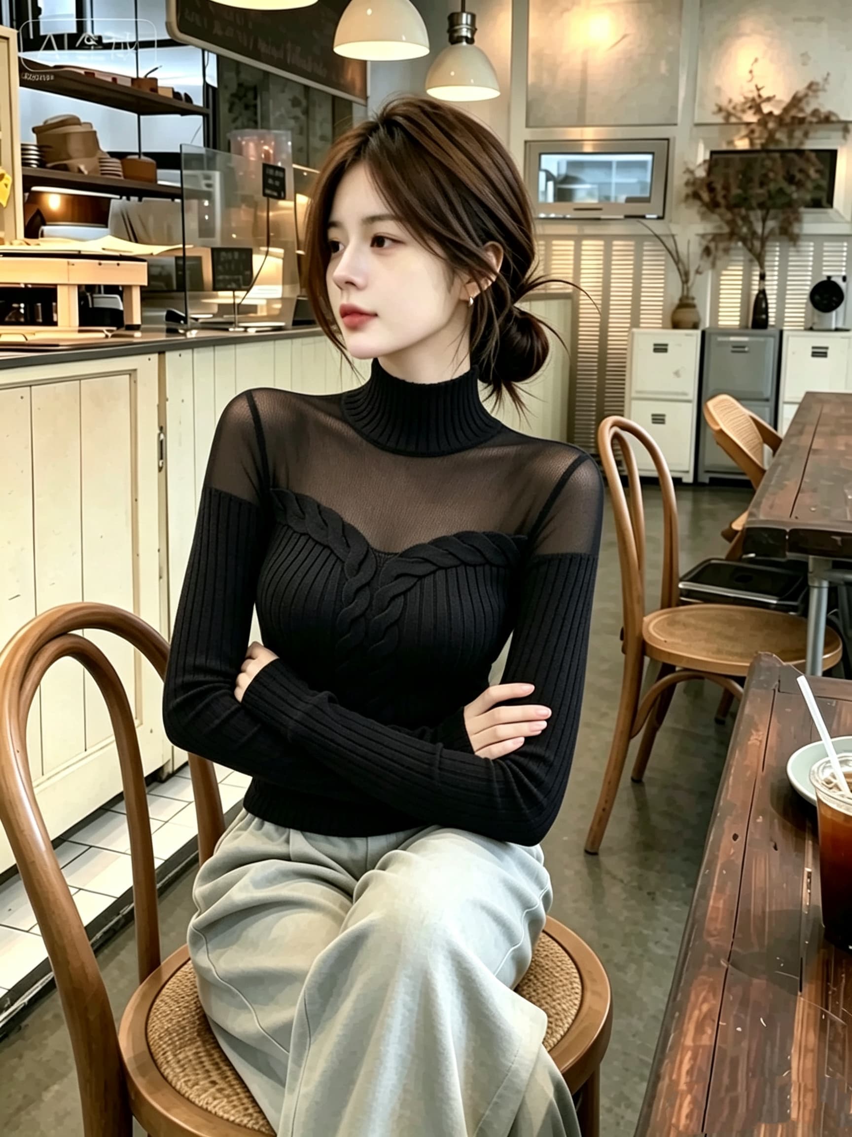 올해 겨울 새로운 핫걸 바람 터틀넥 레이스 조각 꽈배기 니트 스웨터 디자인 센스 인사이드 가져 가라. 기본 셔츠 맨위 이미지 4