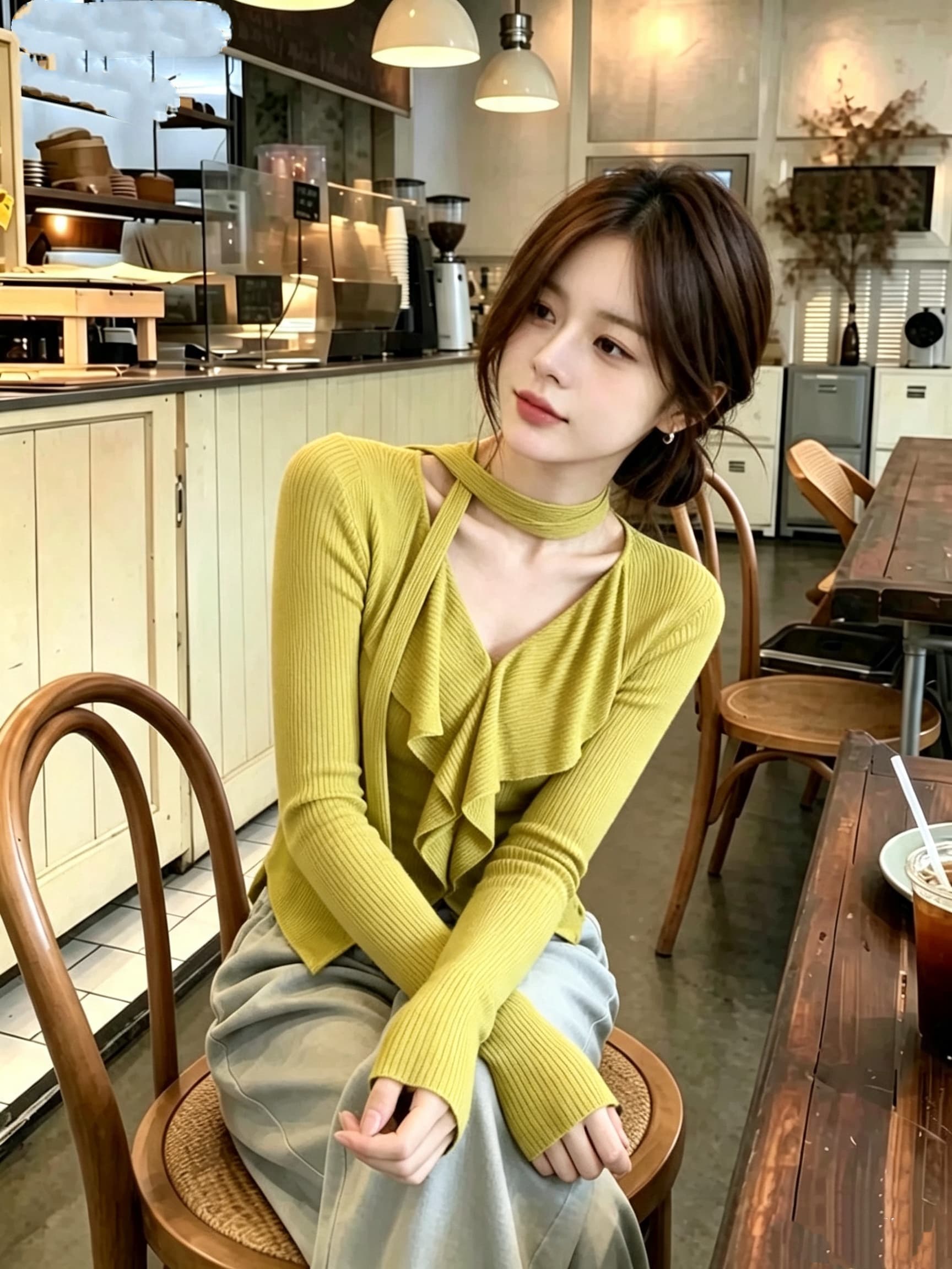 프랑스식 프릴 황색 V넥 리본 긴팔 니트 스웨터 티셔츠 여성 가을 디자인 센스 불규칙 몸매 가꾸기 맨위