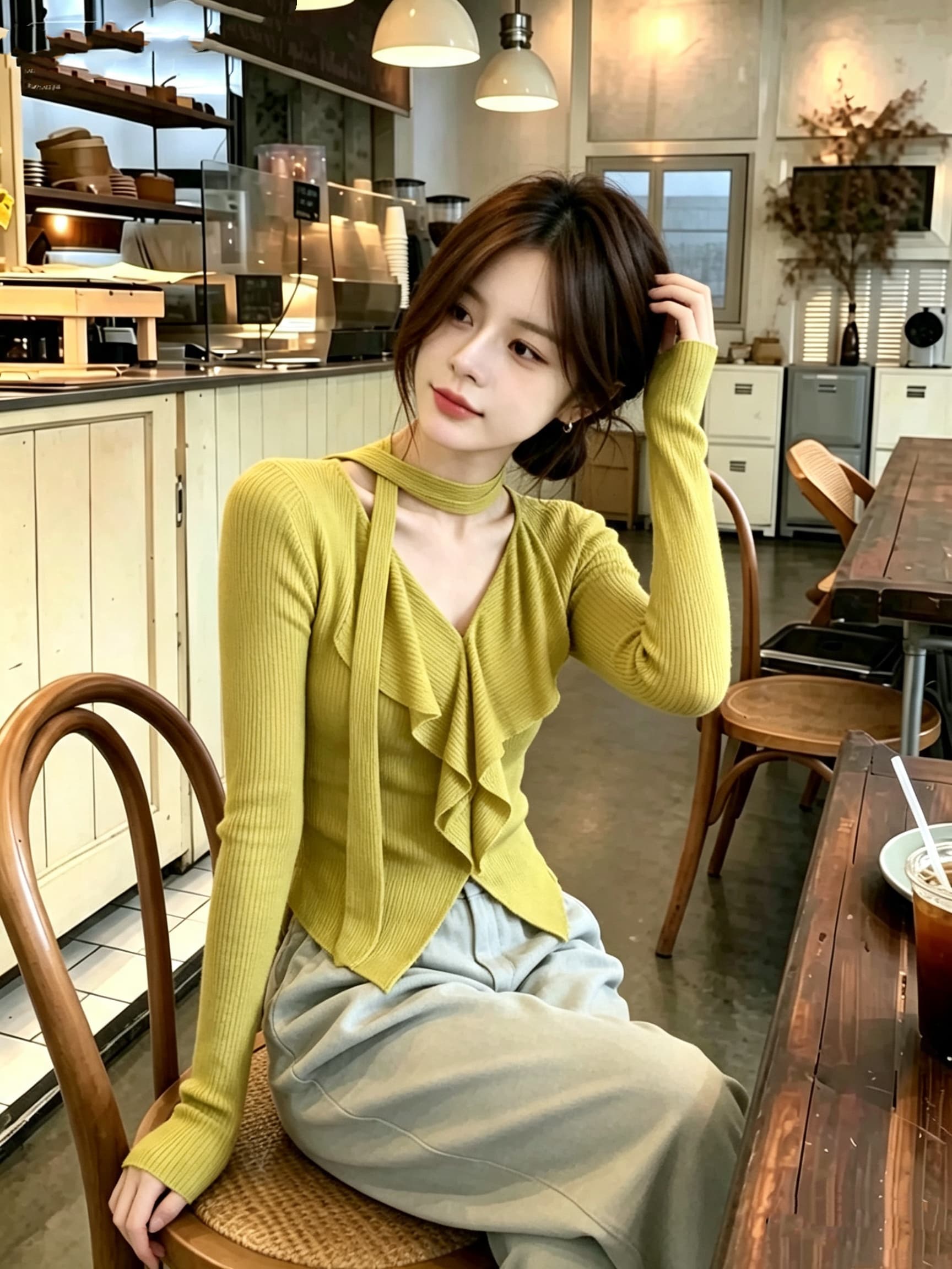프랑스식 프릴 황색 V넥 리본 긴팔 니트 스웨터 티셔츠 여성 가을 디자인 센스 불규칙 몸매 가꾸기 맨위 상세 이미지 3