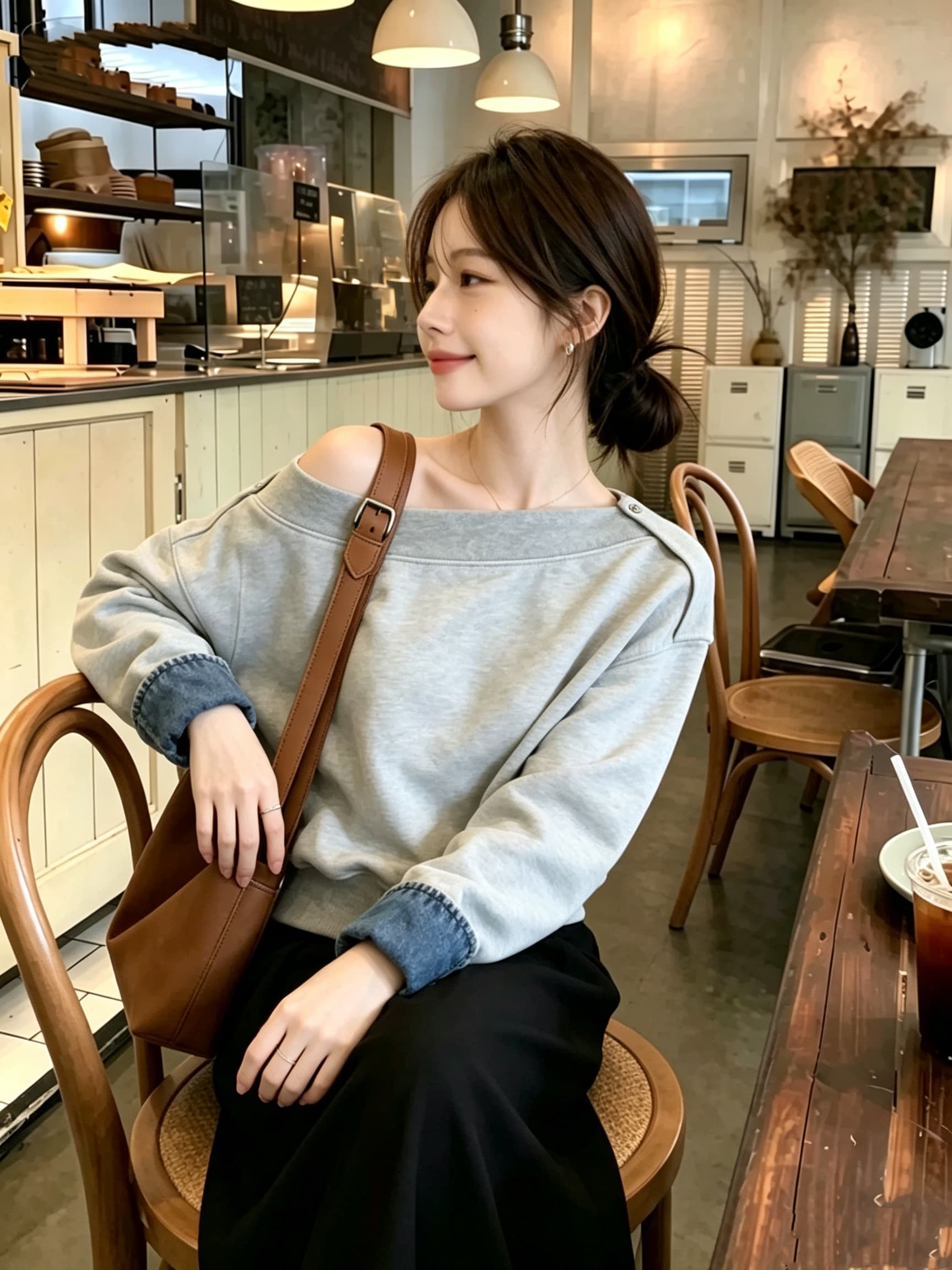 유럽 상품 비스듬한 칼라 디자인 센스 작은 대중 회색 후드티 2026 가을 여성 의류 새로운 다용도 루즈핏 느슨함 센스 맨위 이미지 2