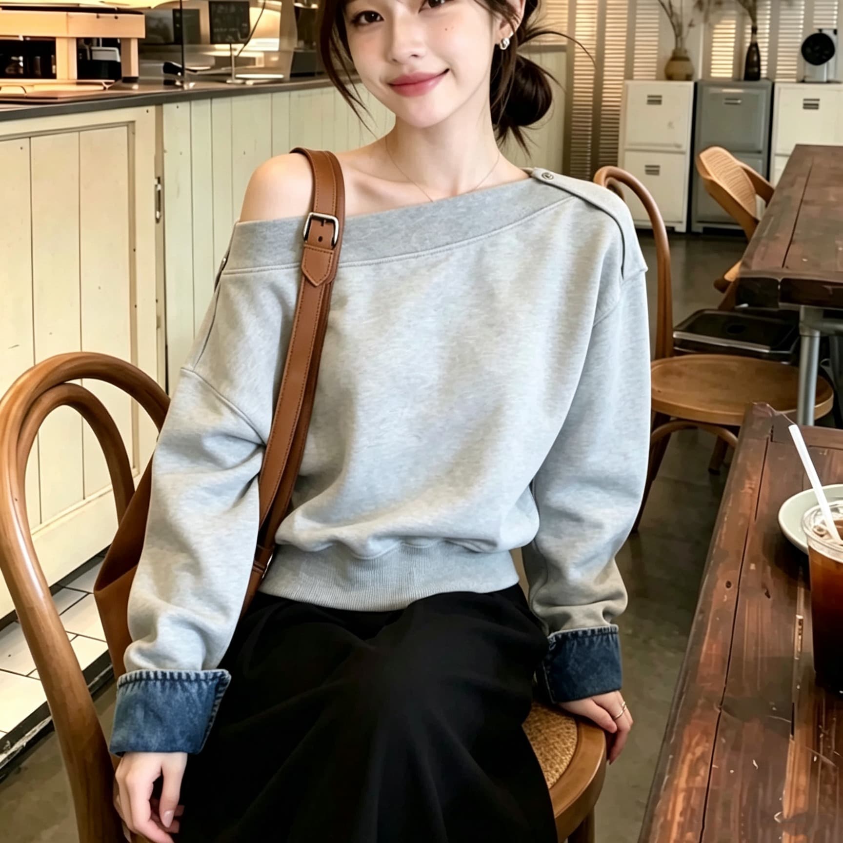 유럽 상품 비스듬한 칼라 디자인 센스 작은 대중 회색 후드티 2026 가을 여성 의류 새로운 다용도 루즈핏 느슨함 센스 맨위 이미지 5